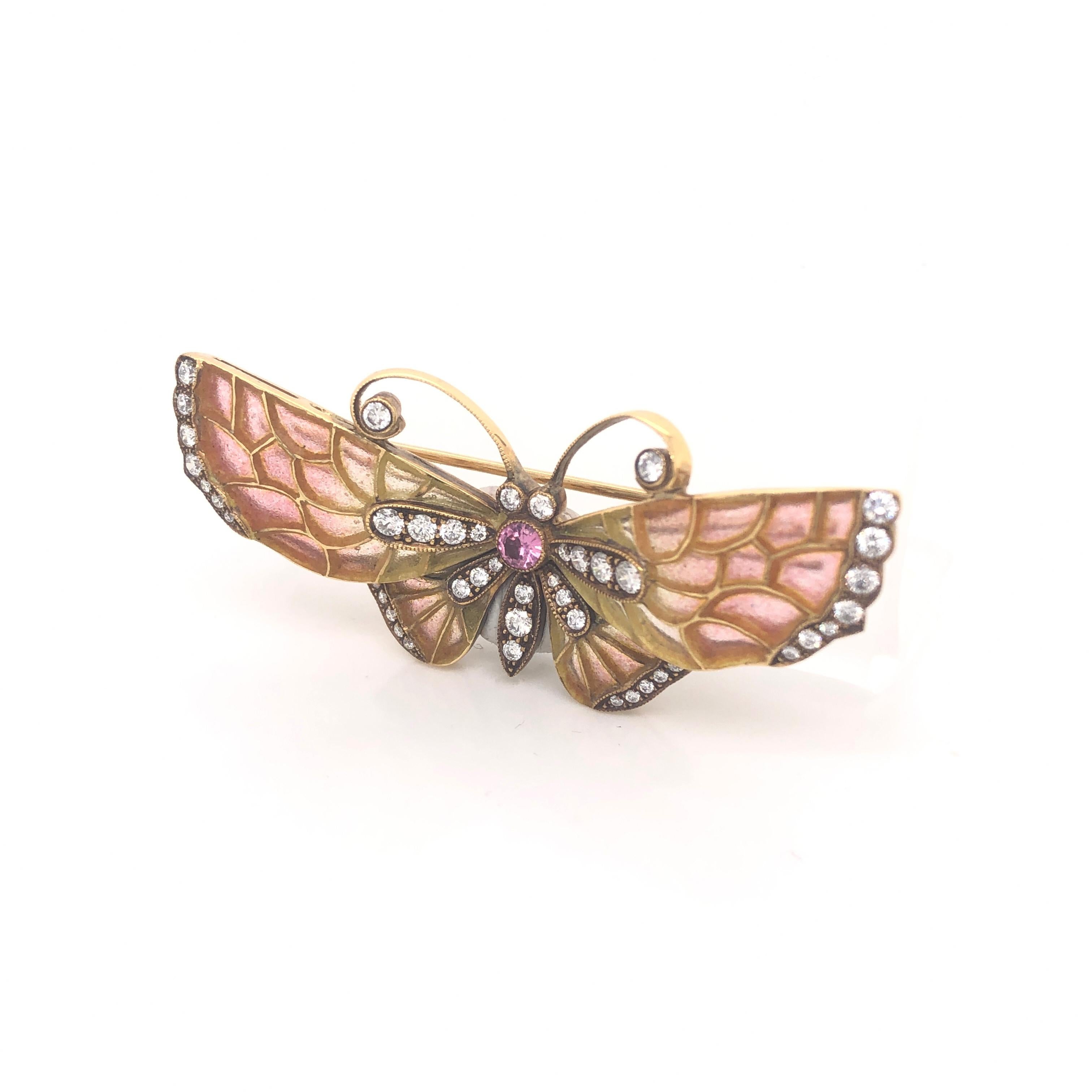 Enamel Ruby Diamond Gold Butterfly Brooch In New Condition In London, GB