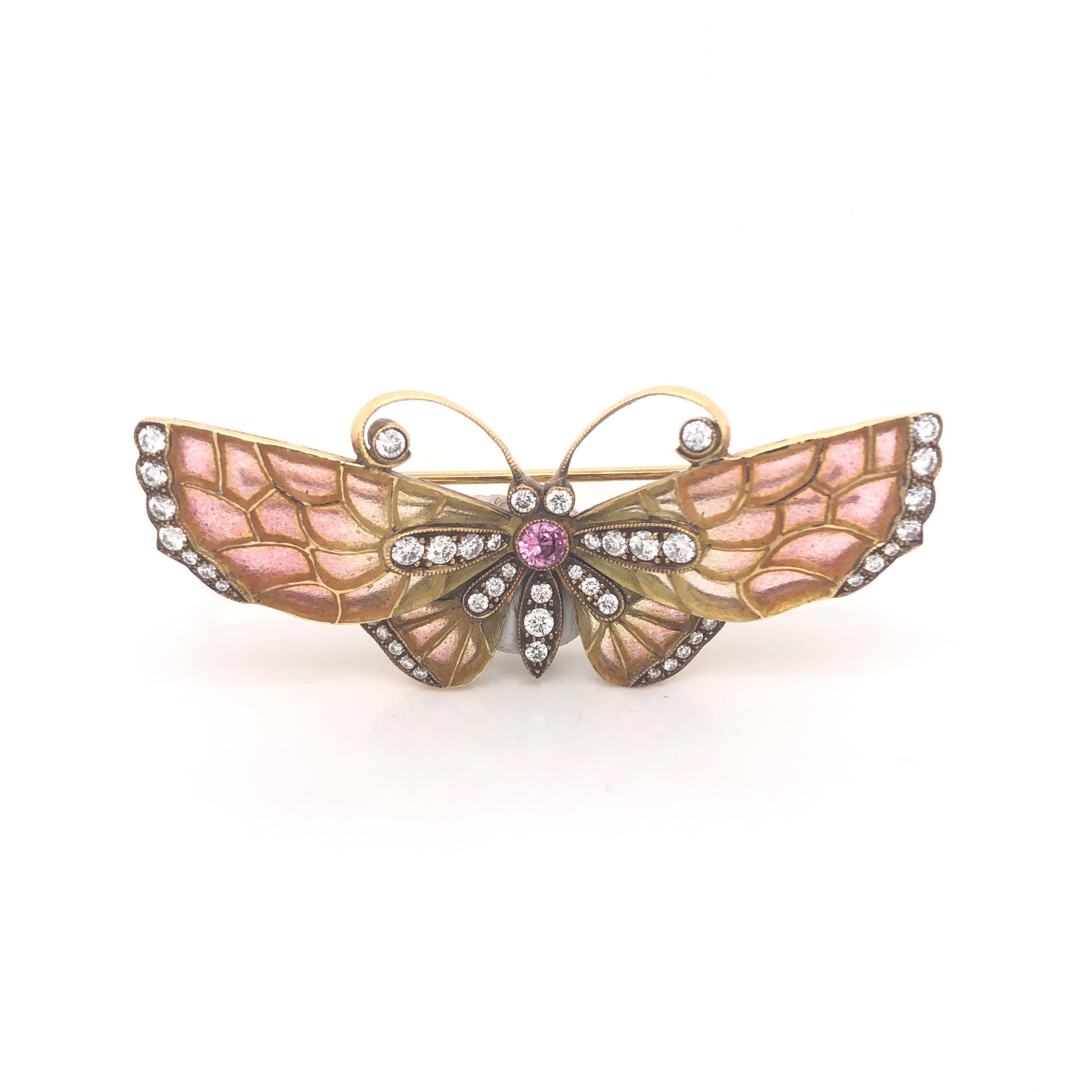 Women's Enamel Ruby Diamond Gold Butterfly Brooch