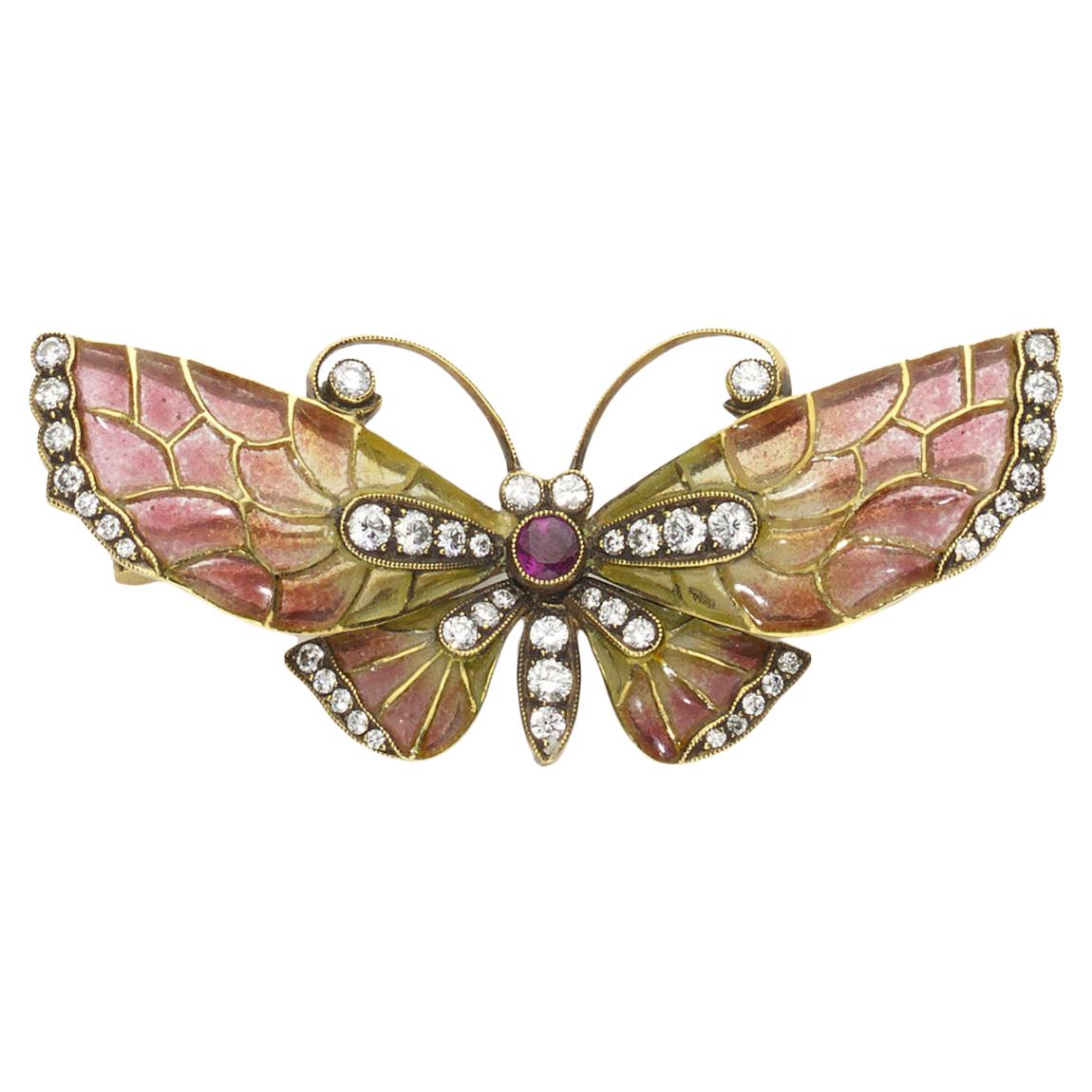 Enamel Ruby Diamond Gold Butterfly Brooch