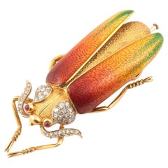 Retro Enamel Ruby Diamond Gold Insect Brooch Attributed to Cazzaniga