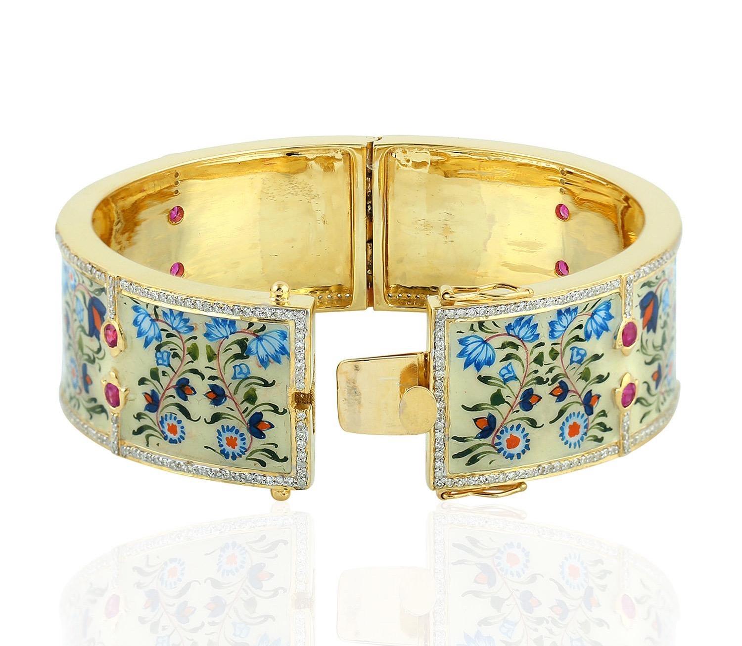 Pulsera brazalete esmalte rubí diamante loto Artesano en venta