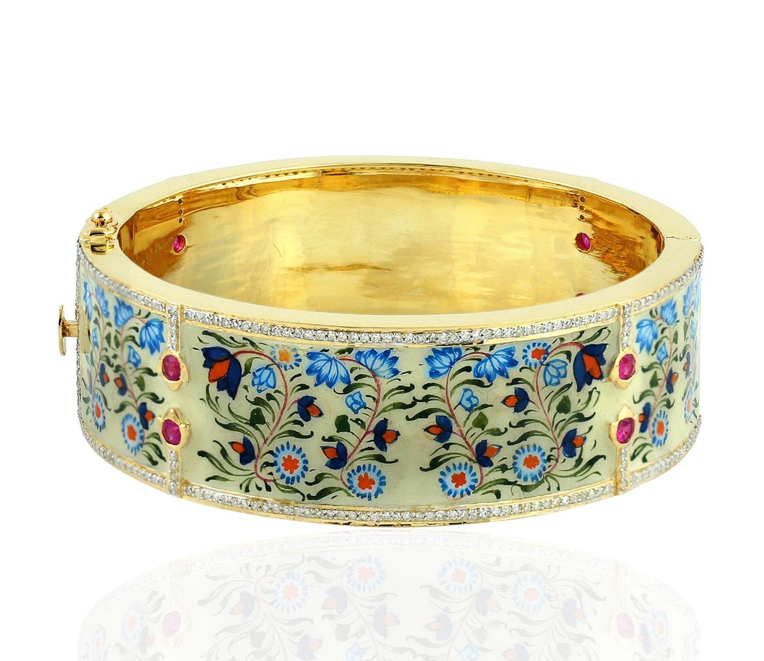 Pulsera brazalete esmalte rubí diamante loto Corte mixto en venta