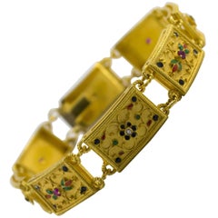 Enamel Ruby Diamond Yellow Gold Etruscan Style Bracelet
