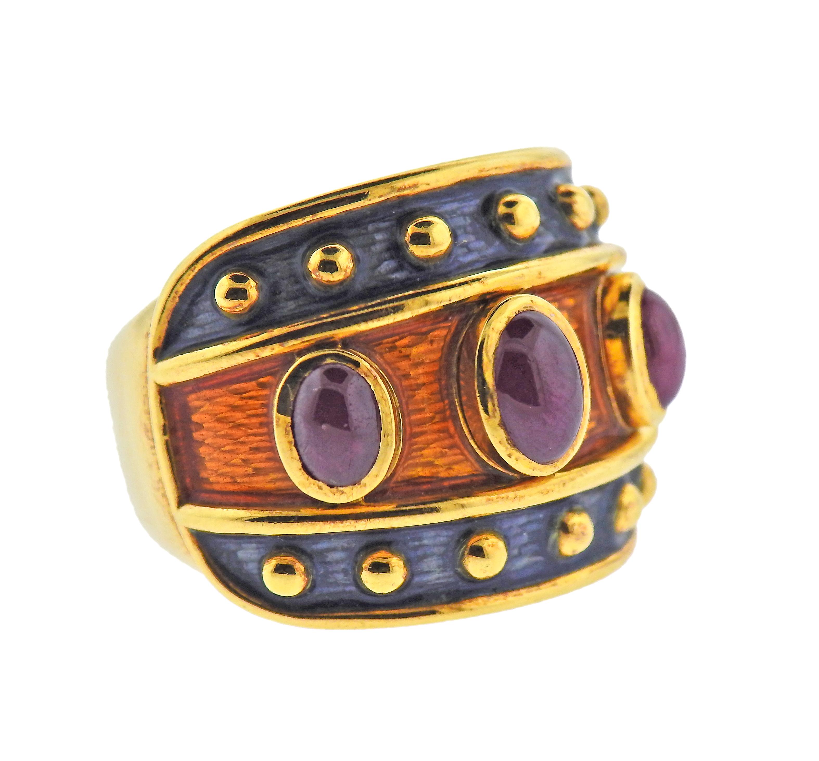 18k gold ring, decorated with enamel and 3 ruby cabochons. Ring size 7, ring top is 20mm wide. Marked with makers signature (illegible). Weight 0 30.4 grams.