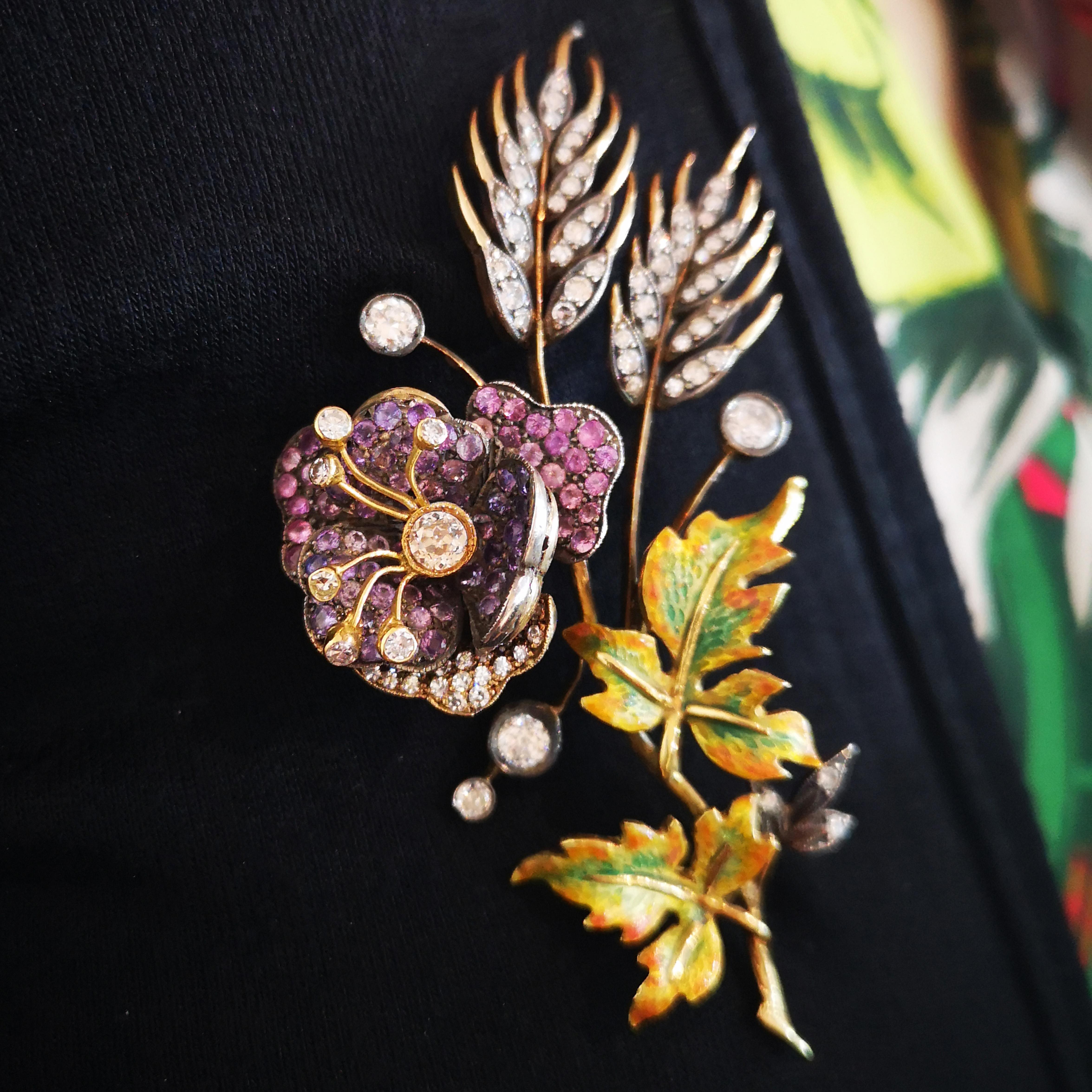 Round Cut Enamel, Sapphire and Diamond Flower Brooch