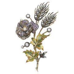 Vintage Enamel, Sapphire and Diamond Flower Brooch