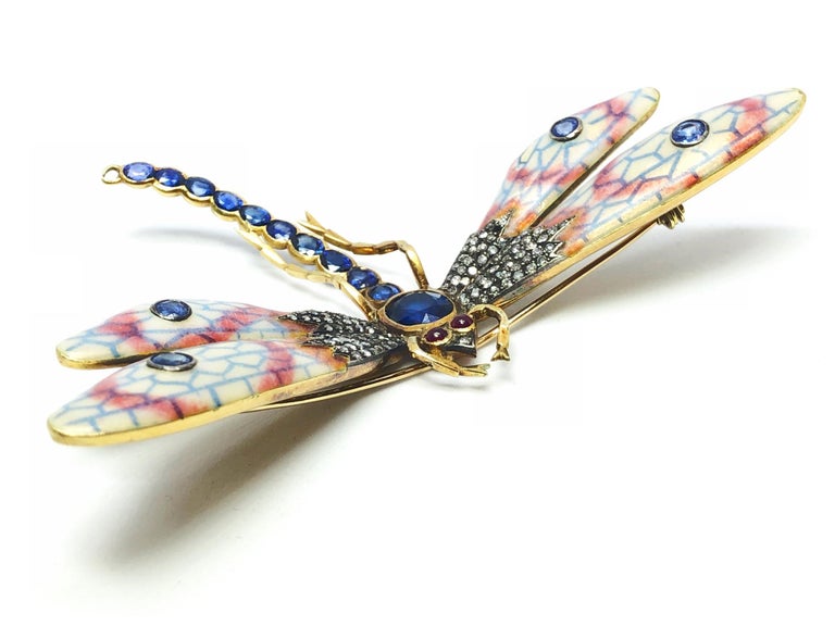 Enamel Sapphire Diamond Gold Dragonfly Brooch For Sale at 1stdibs