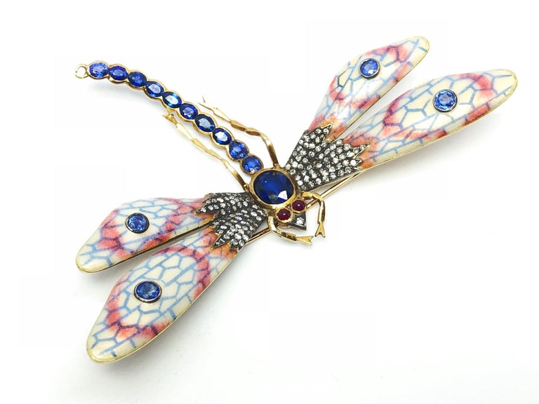 Enamel Sapphire Diamond Gold Dragonfly Brooch For Sale at 1stdibs
