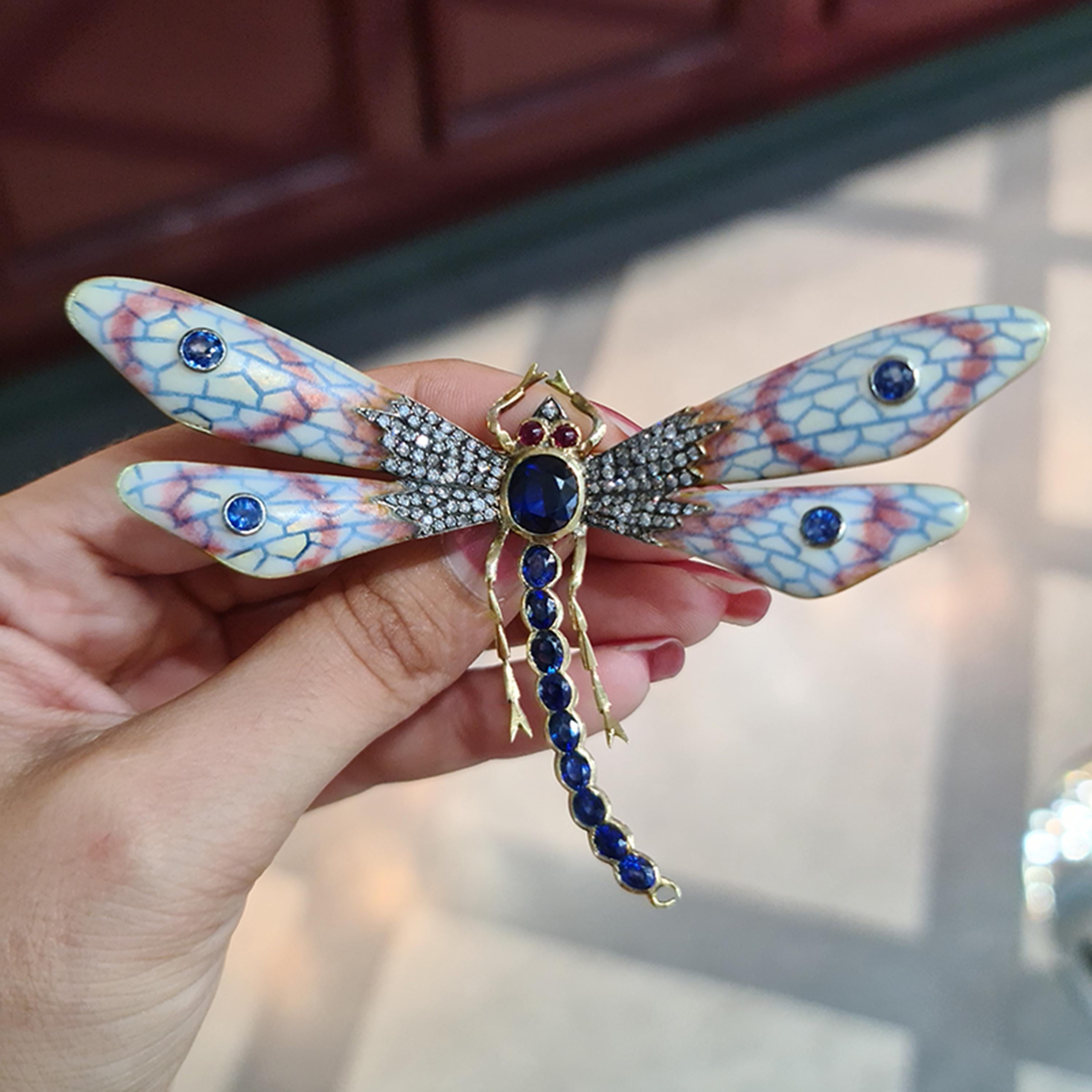Modern Enamel, Sapphire, Diamond, Ruby, Gold and Silver Dragonfly Brooch` For Sale