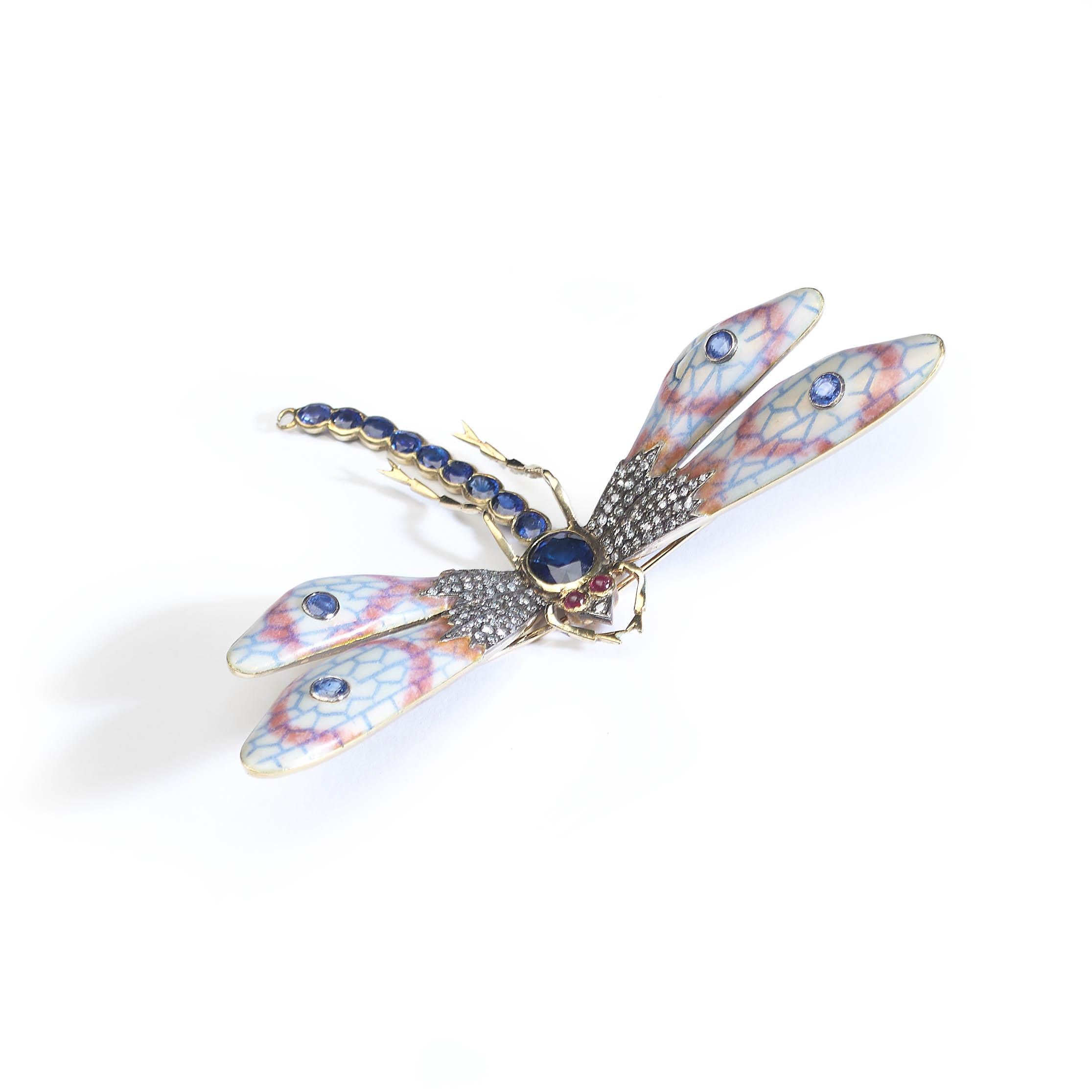Round Cut Enamel, Sapphire, Diamond, Ruby, Gold and Silver Dragonfly Brooch` For Sale