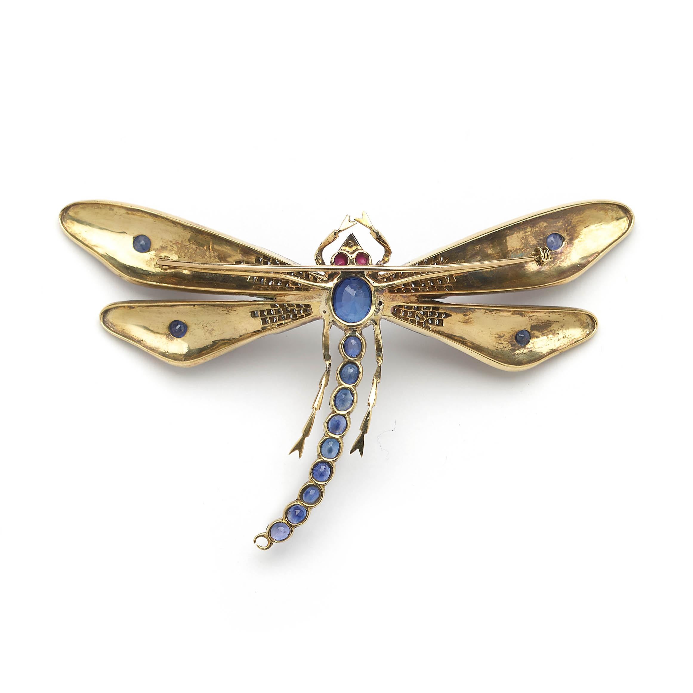 Enamel, Sapphire, Diamond, Ruby, Gold and Silver Dragonfly Brooch` In Excellent Condition For Sale In London, GB