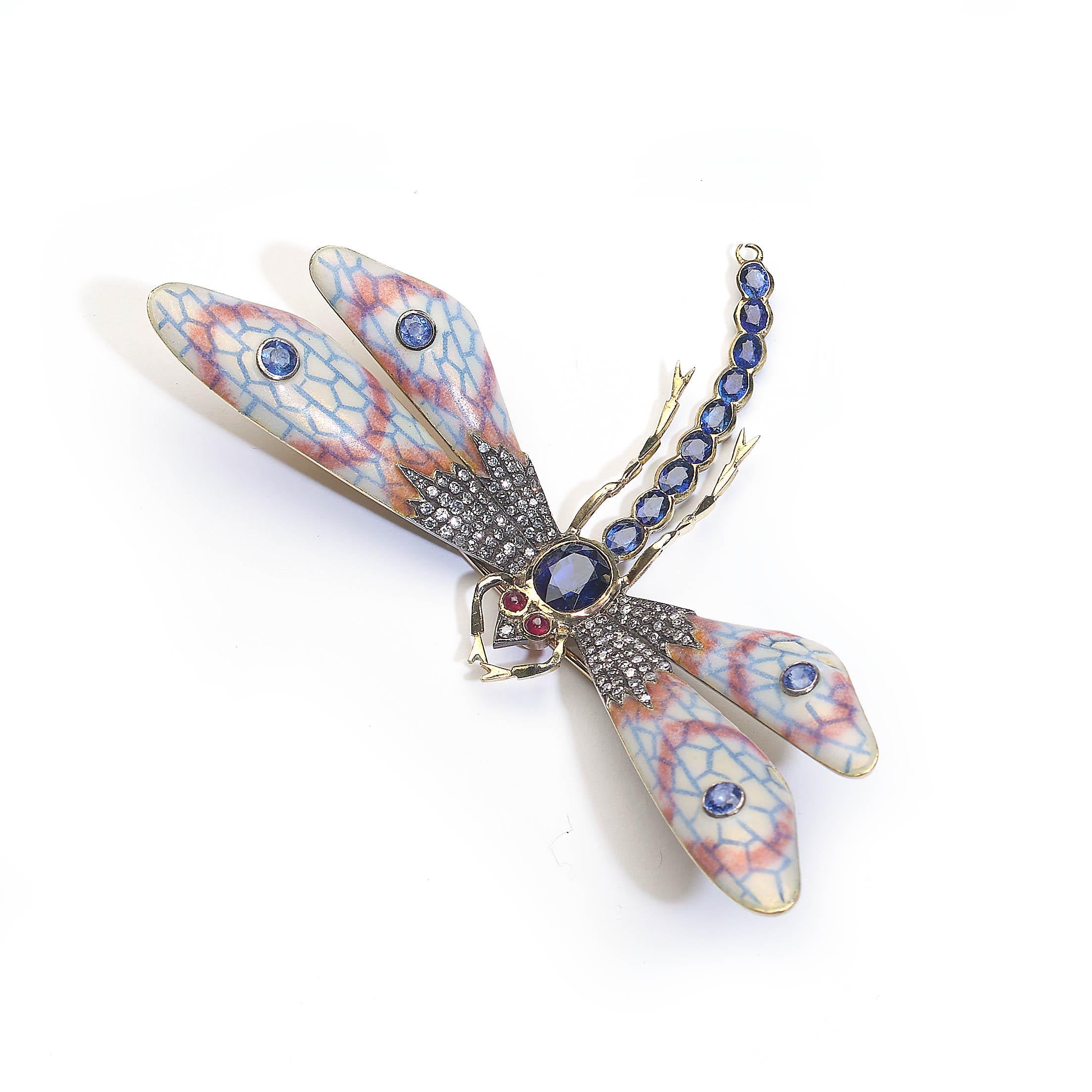 Women's Enamel, Sapphire, Diamond, Ruby, Gold and Silver Dragonfly Brooch` For Sale