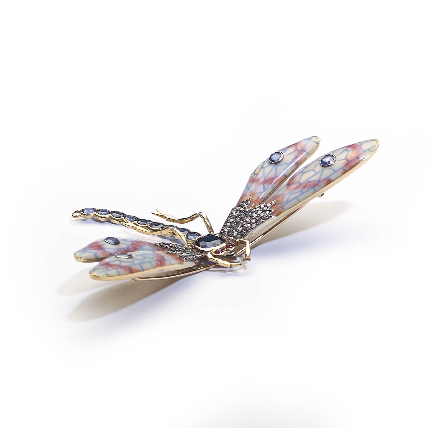 Enamel, Sapphire, Diamond, Ruby, Gold and Silver Dragonfly Brooch` For Sale 1