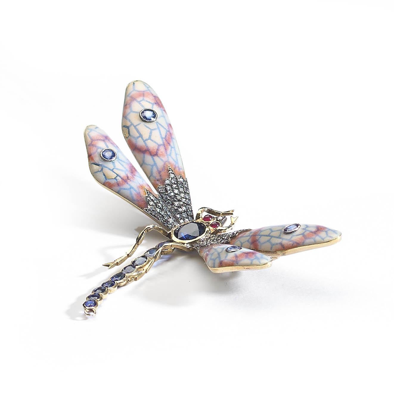 Enamel, Sapphire, Diamond, Ruby, Gold and Silver Dragonfly Brooch` For Sale 2