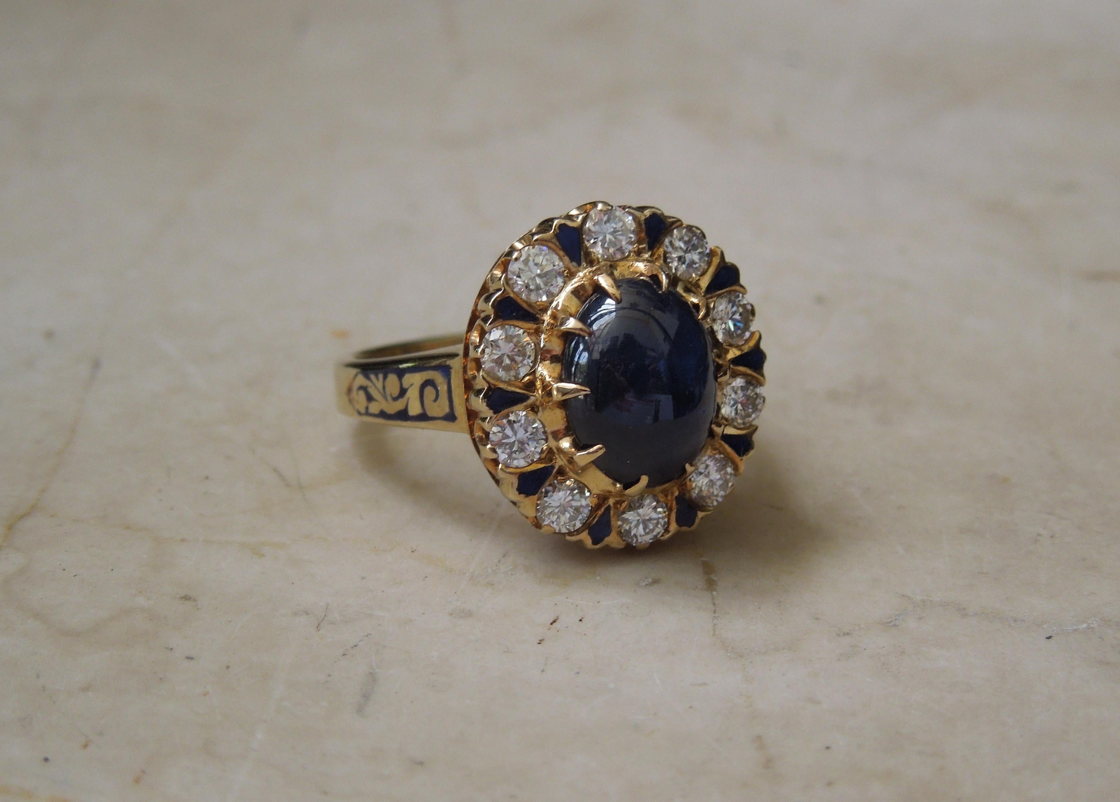 Enamel Sapphire Solitaire & Diamond Ring For Sale 4
