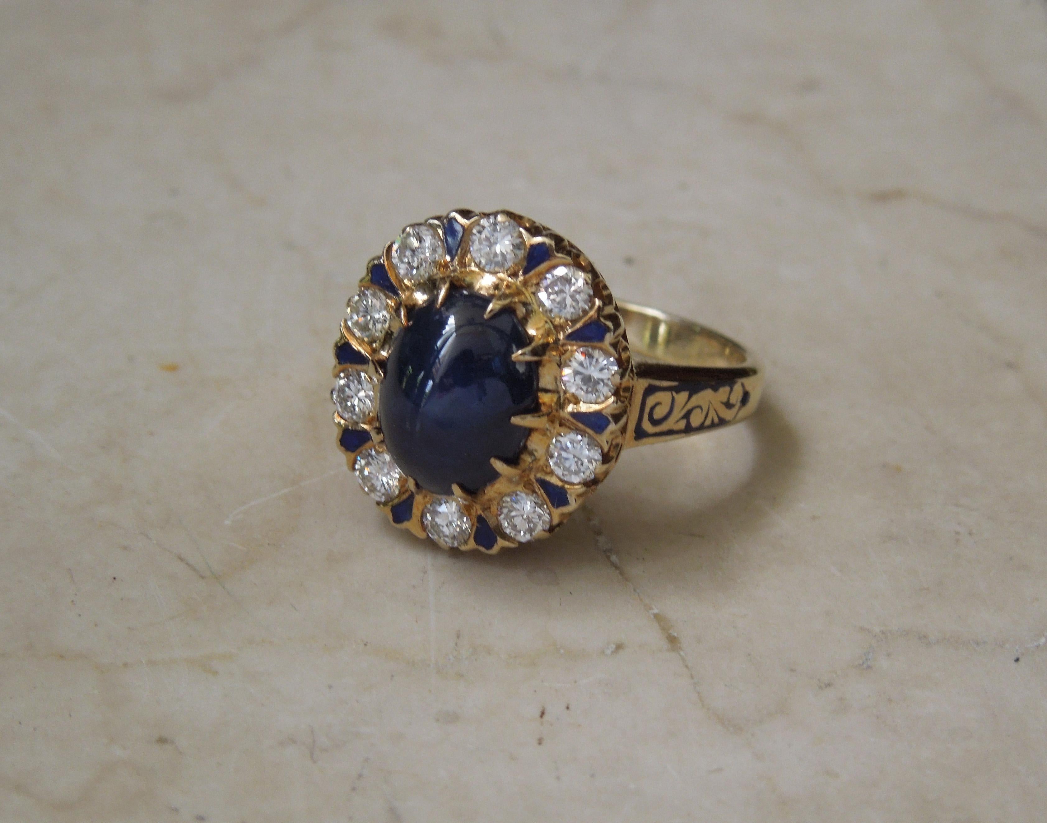 Enamel Sapphire Solitaire & Diamond Ring For Sale 5