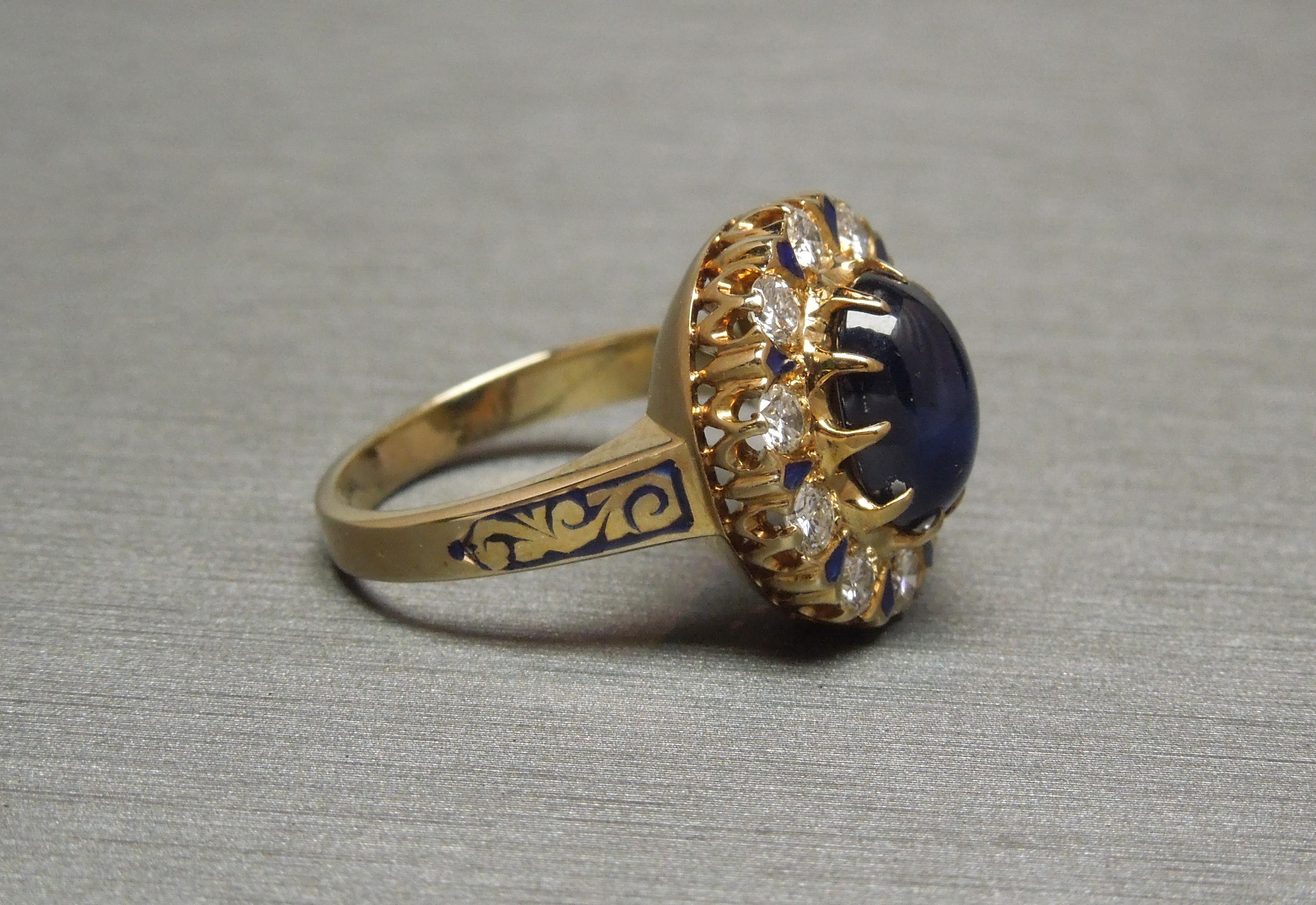 Enamel Sapphire Solitaire & Diamond Ring In Good Condition For Sale In METAIRIE, LA