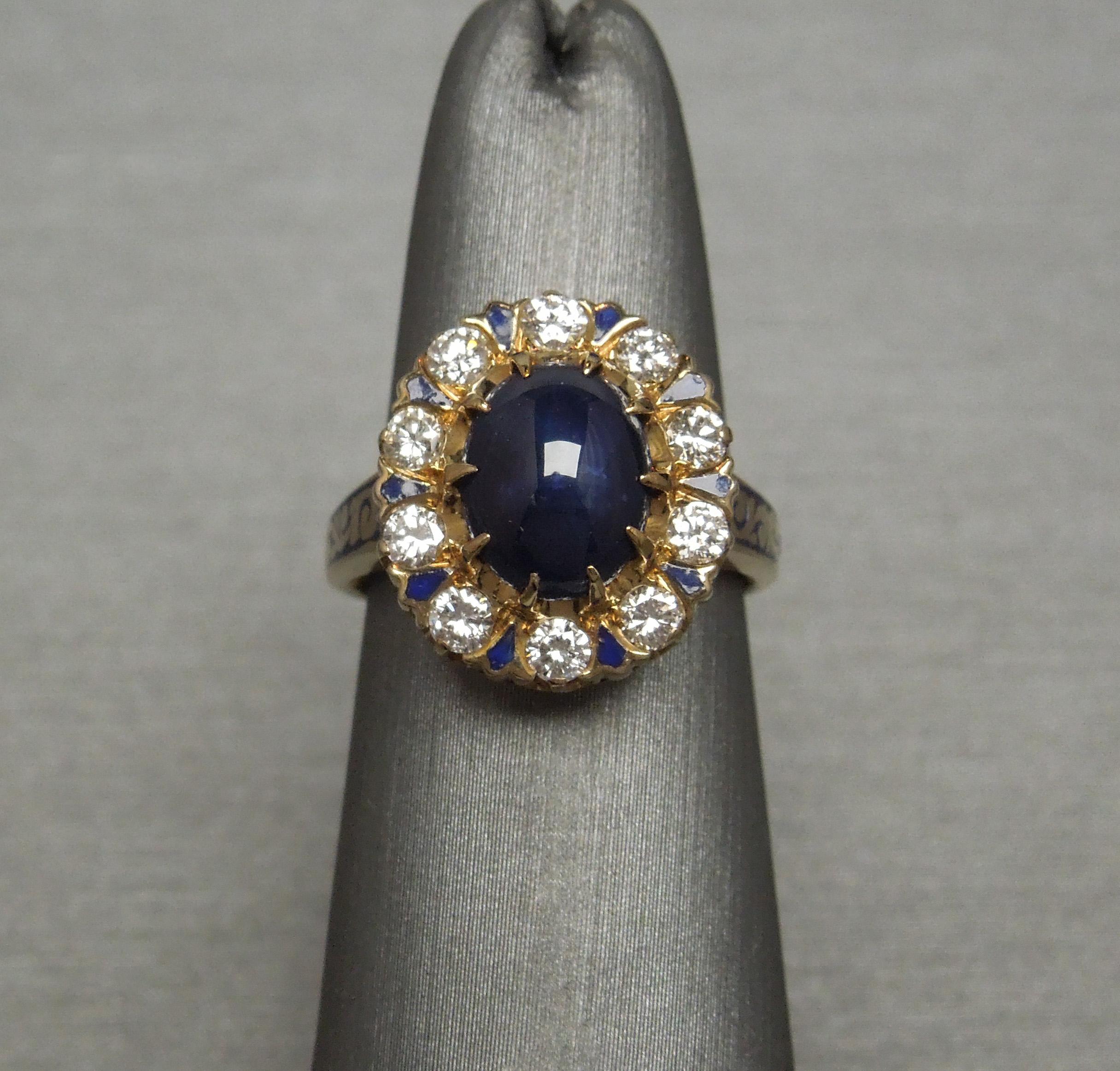 Women's Enamel Sapphire Solitaire & Diamond Ring For Sale