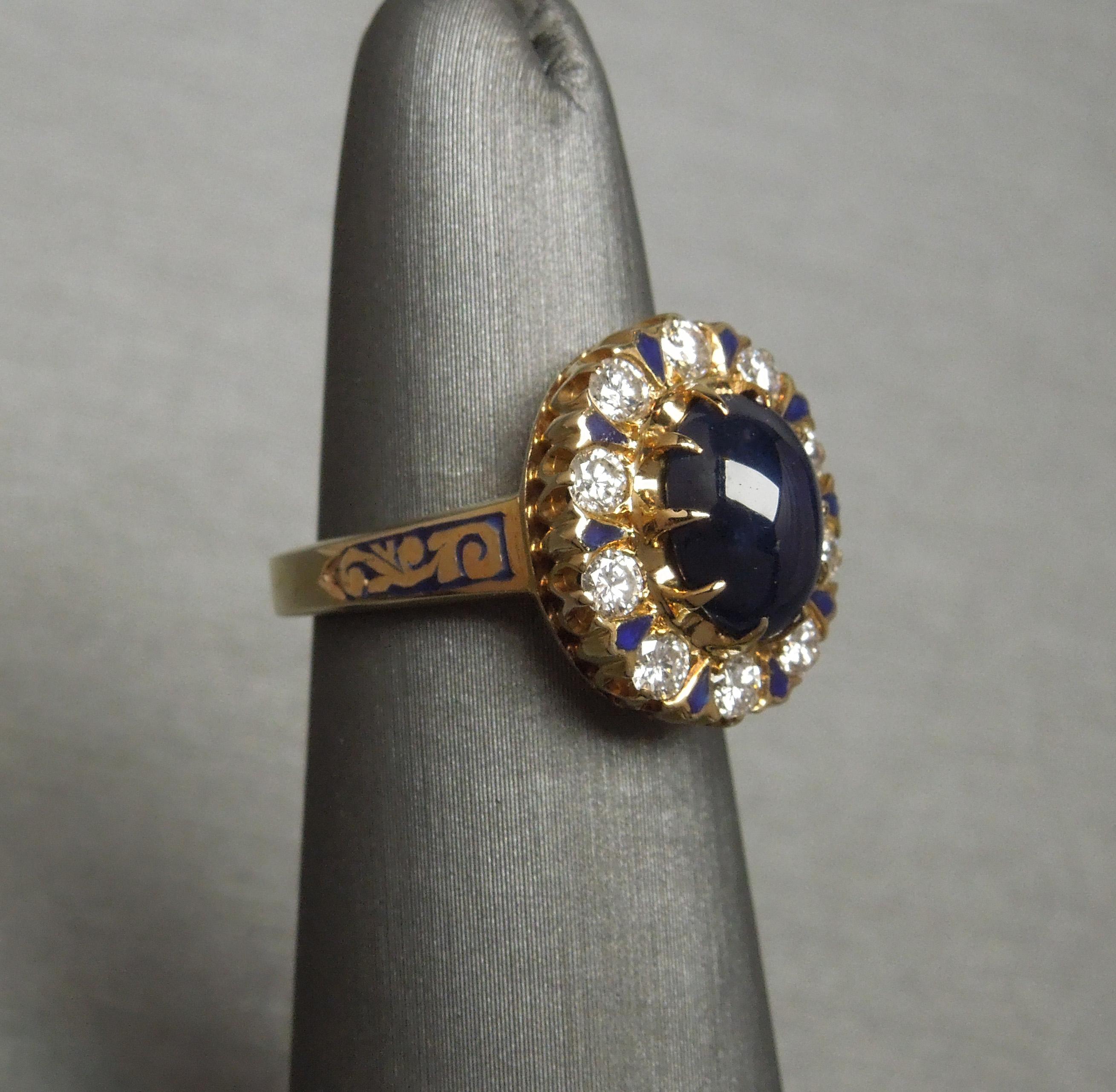 Enamel Sapphire Solitaire & Diamond Ring For Sale 1