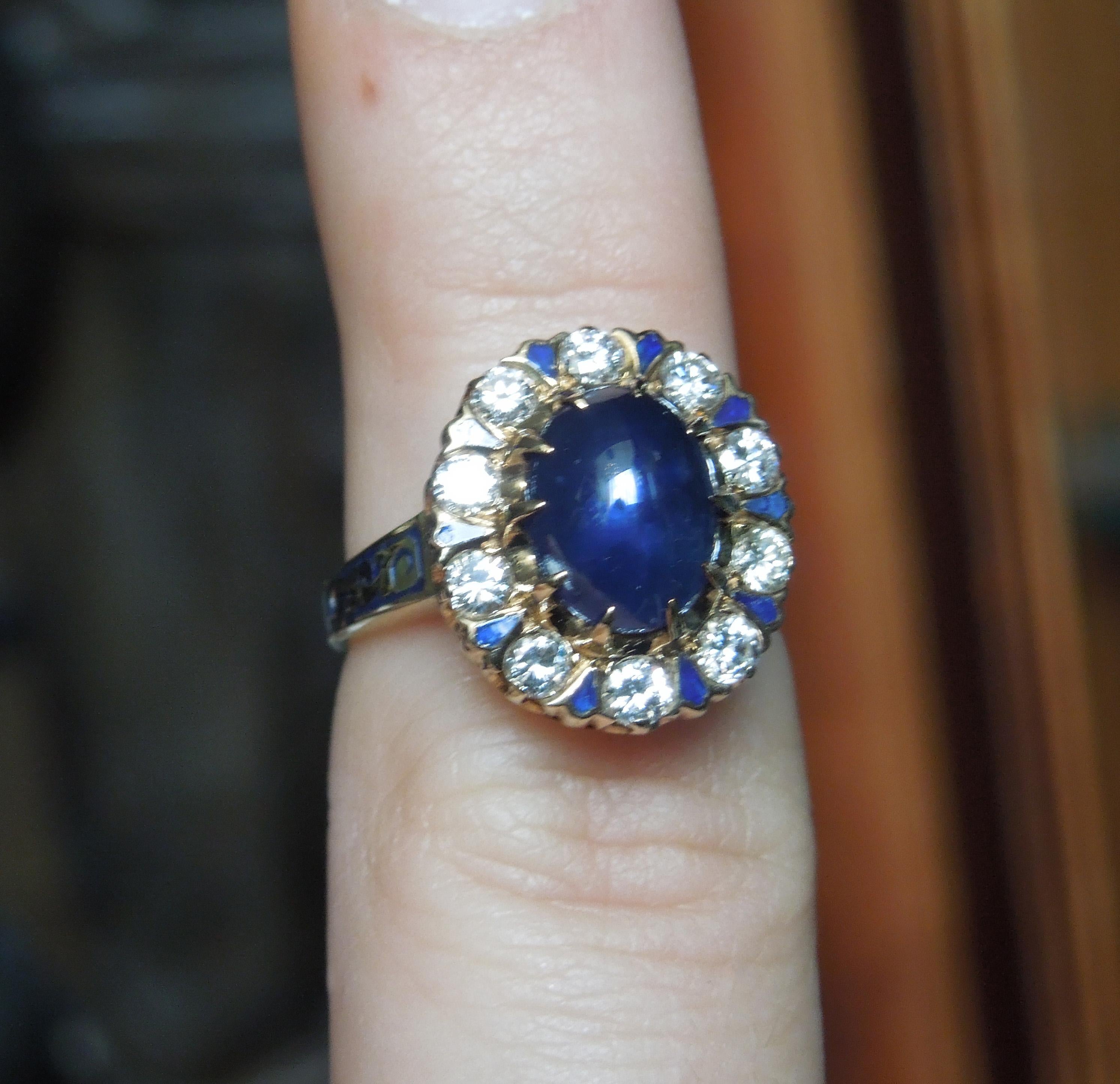 Enamel Sapphire Solitaire & Diamond Ring For Sale 2