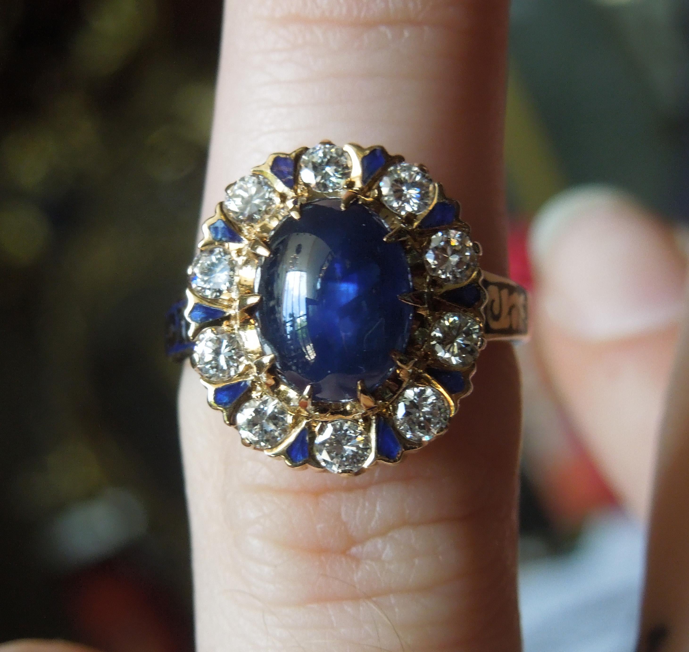 Enamel Sapphire Solitaire & Diamond Ring For Sale 3