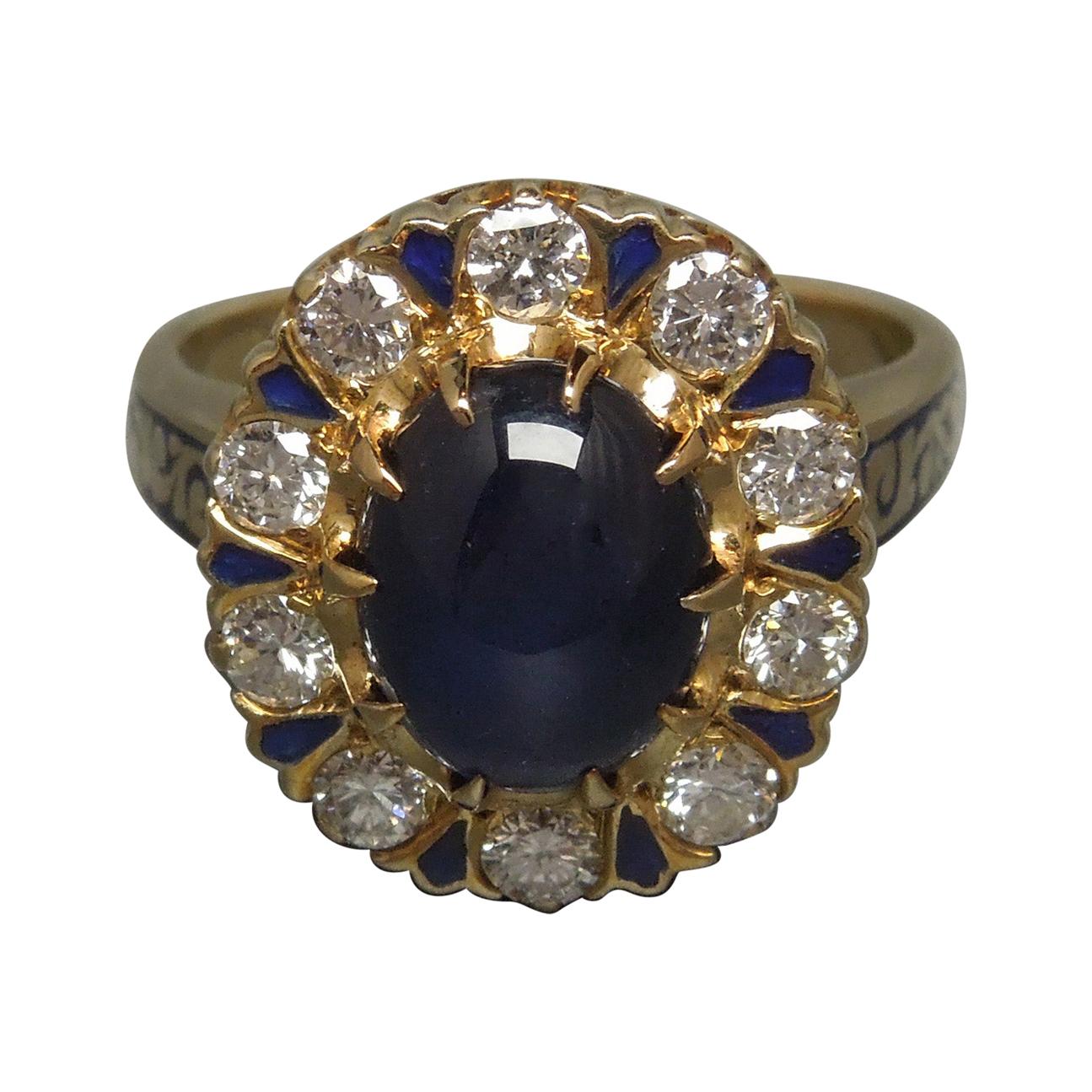 Enamel Sapphire Solitaire & Diamond Ring