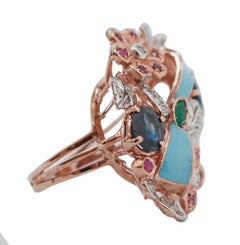 Enamel, Sapphires, Rubies, Emerald, Diamonds, Rose Gold and Silver Ring.