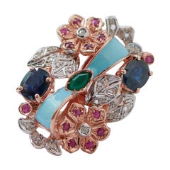 Enamel, Sapphires, Rubies, Emerald, Diamonds, Rose Gold and Silver Ring.