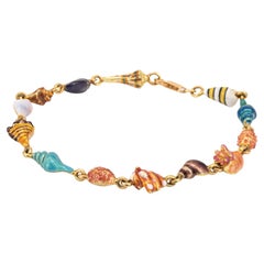 Enamel Sea Shell Charm Bracelet Vintage 18k Yellow Gold 8" Ocean Marine Jewelry
