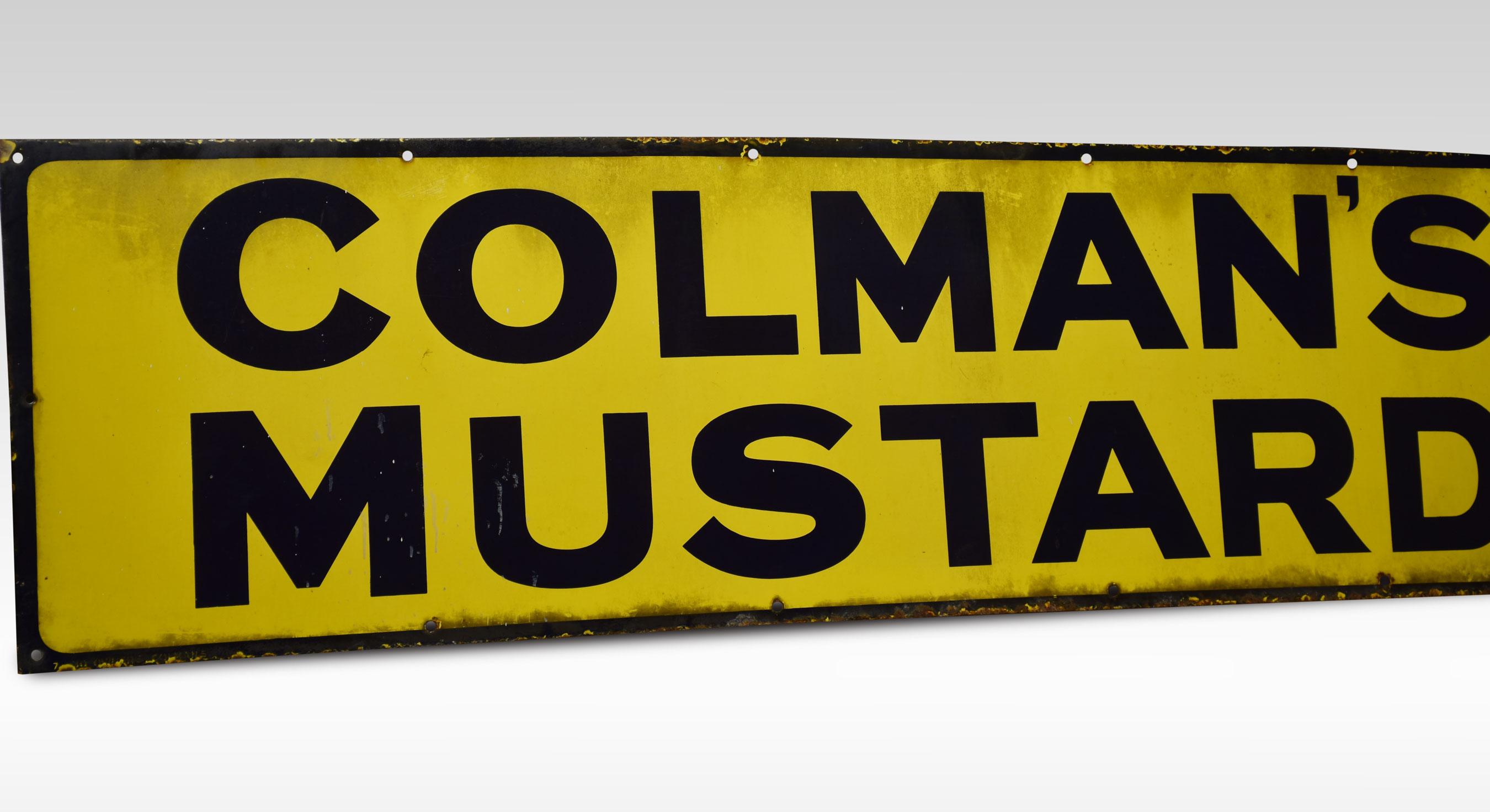 Enamel sign for Colman’s Mustard, of rectangular form decorated in blue and yellow enamel.
Dimensions
Height 16 inches
Width 62.5 inches
Depth 0.5 inches.