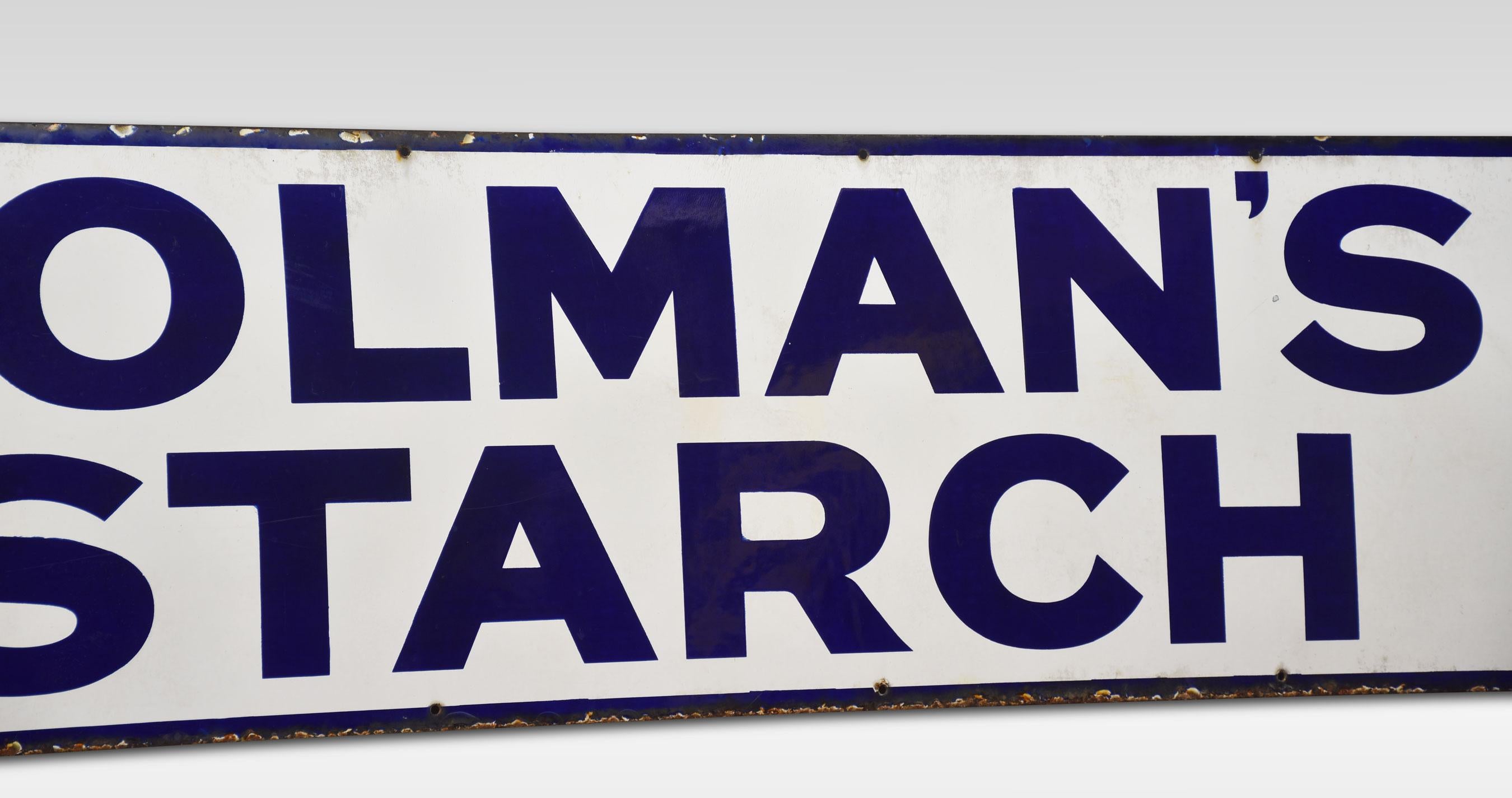 Enamel sign for Colman’s Starch, of rectangular form decorated in blue and white enamel.
Dimensions
Height 16 Inches
Width 62.5 Inches
Depth 0.5 Inches.