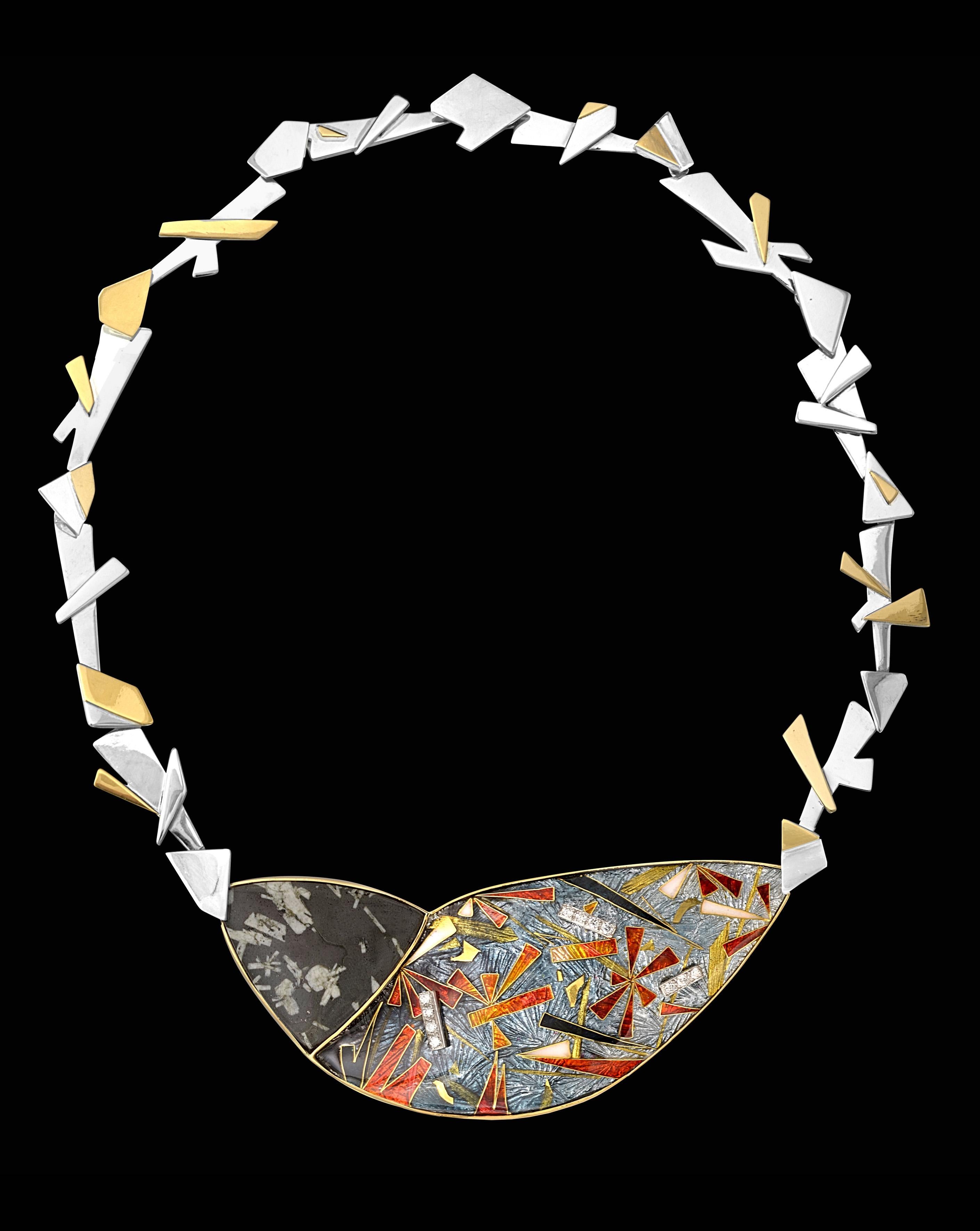 Contemporary Enamel Silver 24 and 22 Karat Yellow Gold Diamond Necklace For Sale
