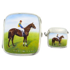 Enamel Silver Cigarette Case and Pendant Pillbox Hand Painted Jockey on Horse