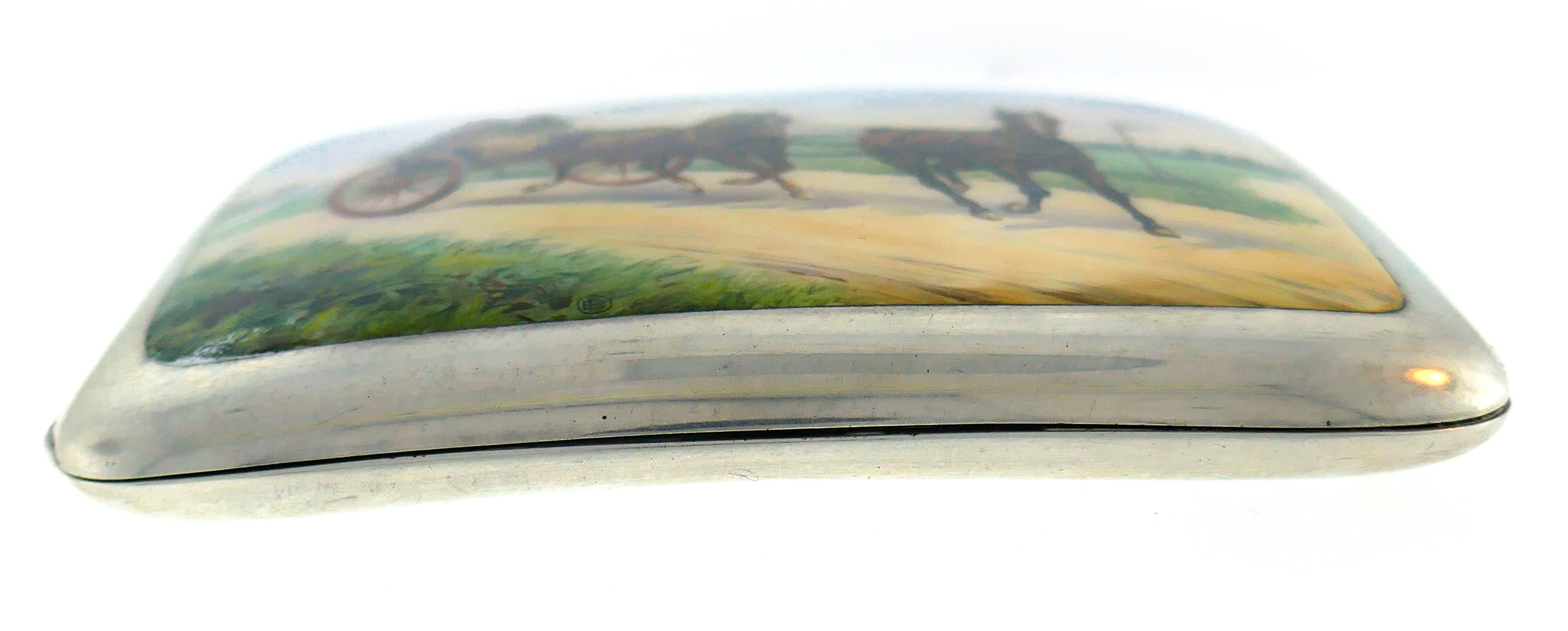 Enamel Silver Cigarette Case Hand Painted Equestrian Motif In Good Condition In Beverly Hills, CA