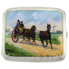 Enamel Silver Cigarette Case Hand Painted Equestrian Motif