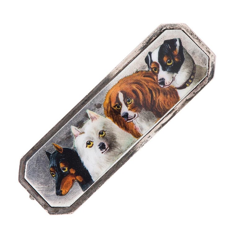 Edwardian Enamel Silver Dog Motif Pin For Sale