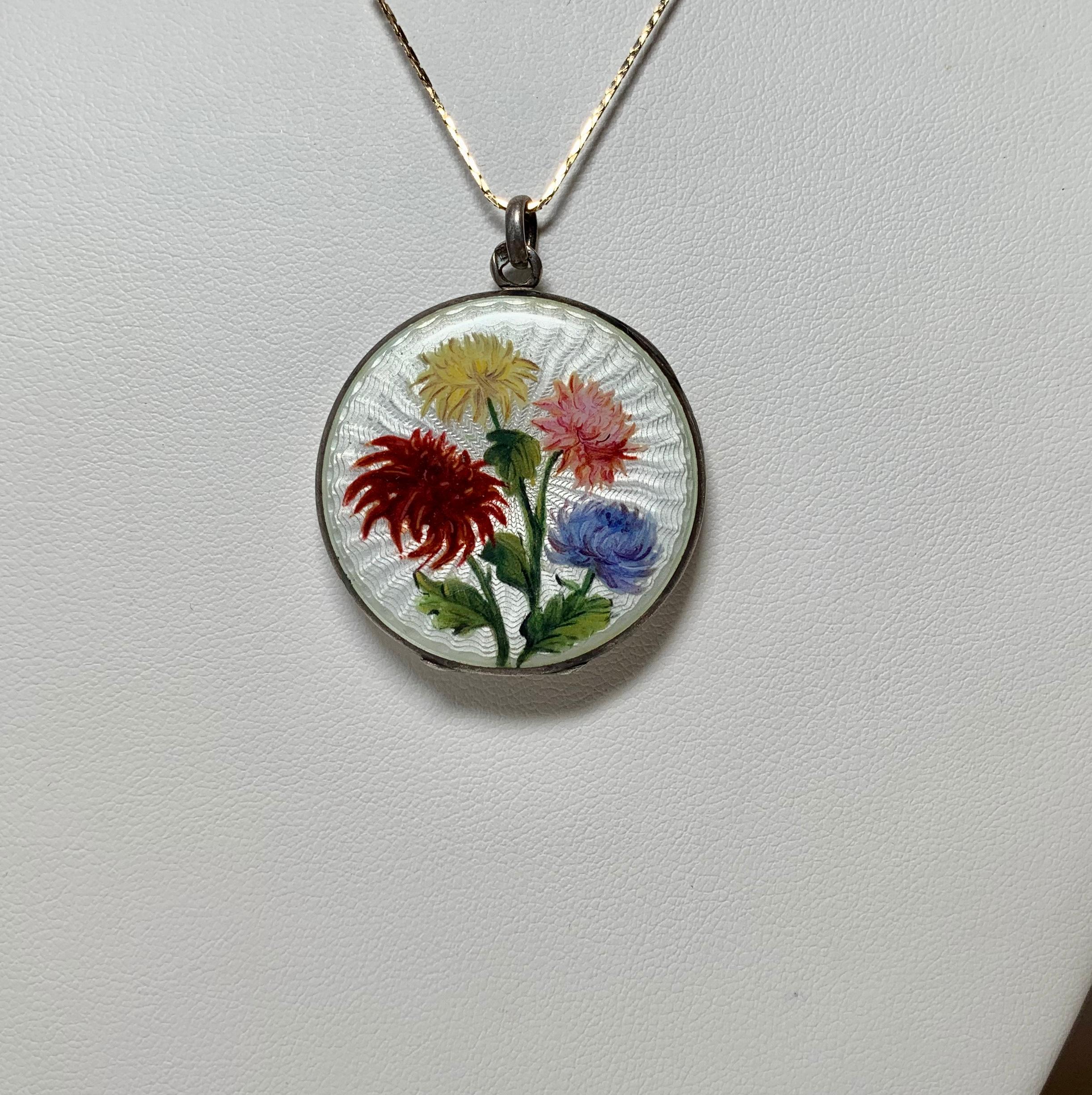 Enamel Silver Flower Locket Pendant Russian Antique Art Deco Edwardian, 1913 In Good Condition In New York, NY