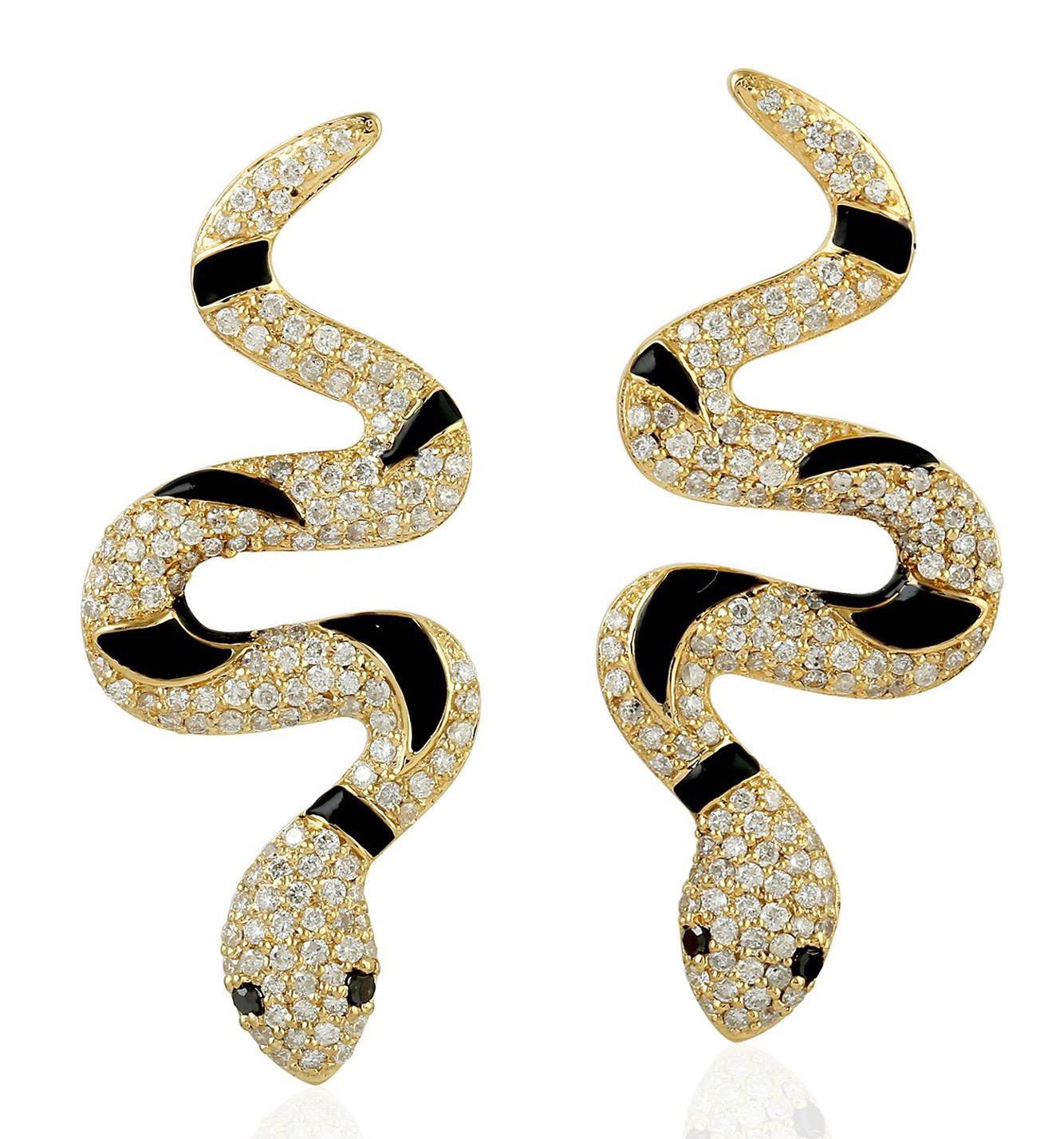 Contemporary Enamel Snake Diamond 18 Karat Gold Earrings For Sale
