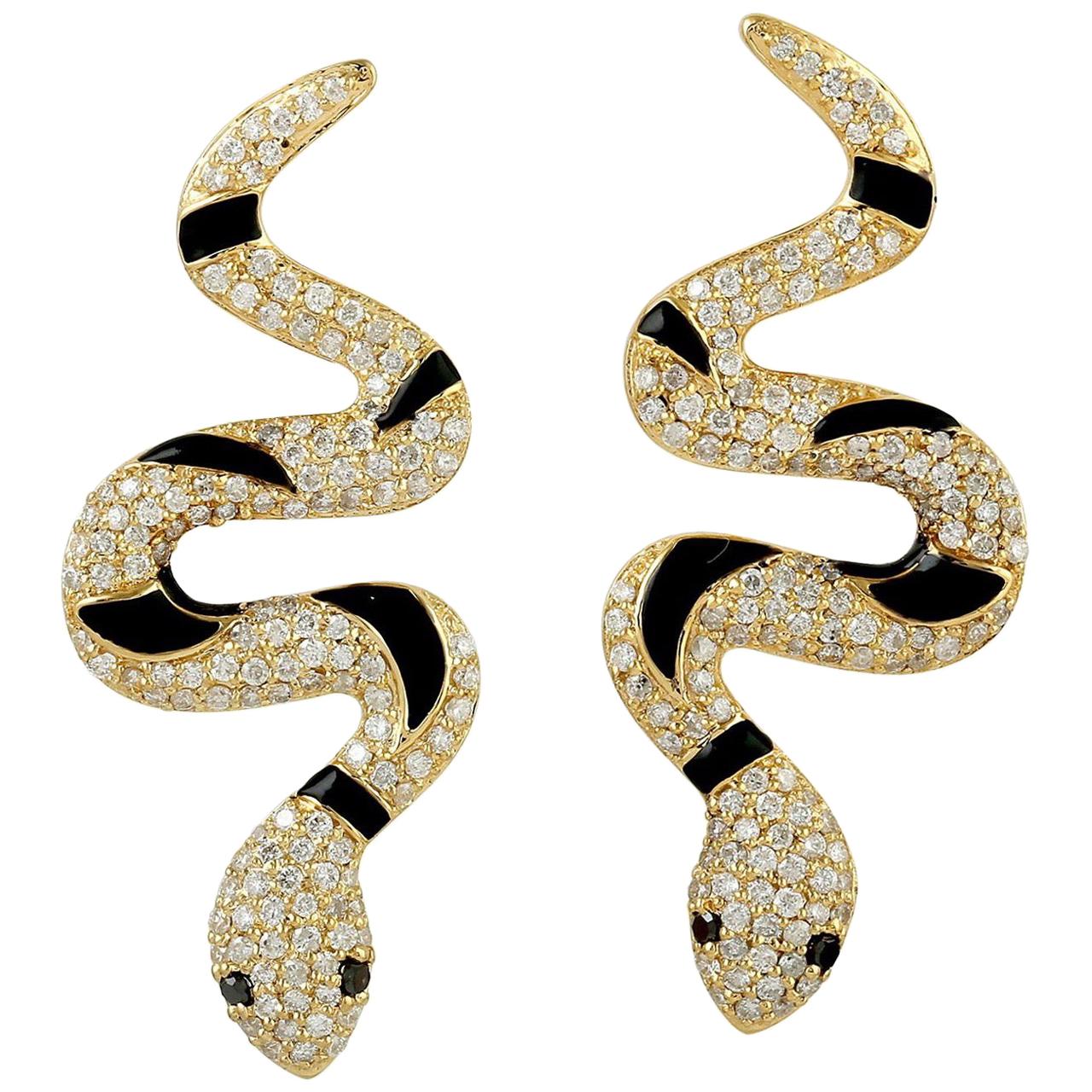 Enamel Snake Diamond 18 Karat Gold Earrings For Sale