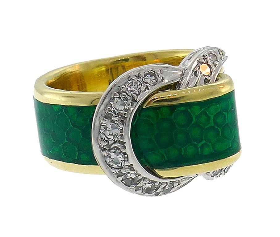 Enamel Snake Ring 18k Gold Diamond Retro Buckle Band Vintage Estate Jewelry 3