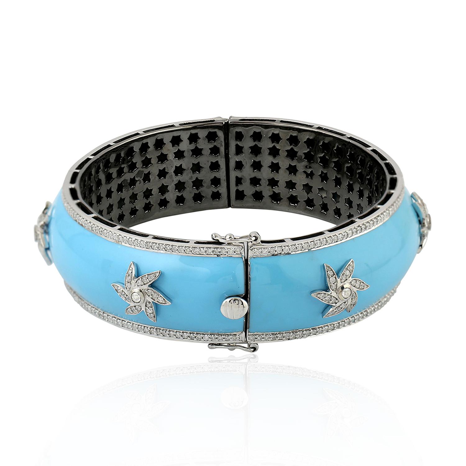 Artisan Enamel Starburst Turquoise Diamond Bangle Bracelet For Sale