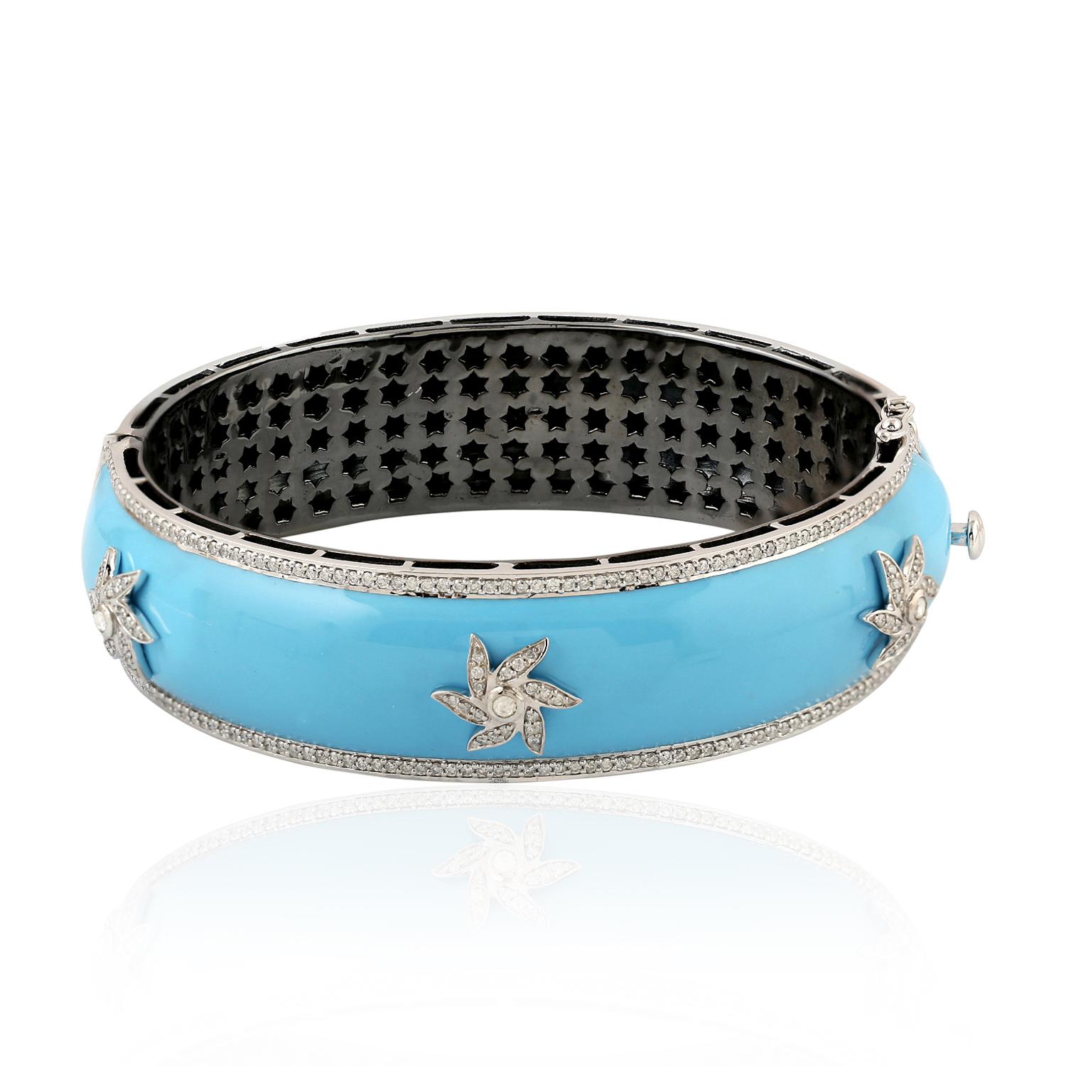 Mixed Cut Enamel Starburst Turquoise Diamond Bangle Bracelet For Sale