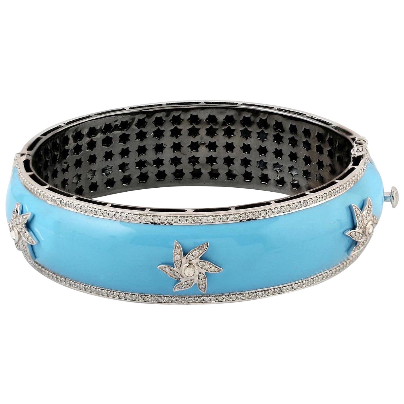 Enamel Starburst Turquoise Diamond Bangle Bracelet