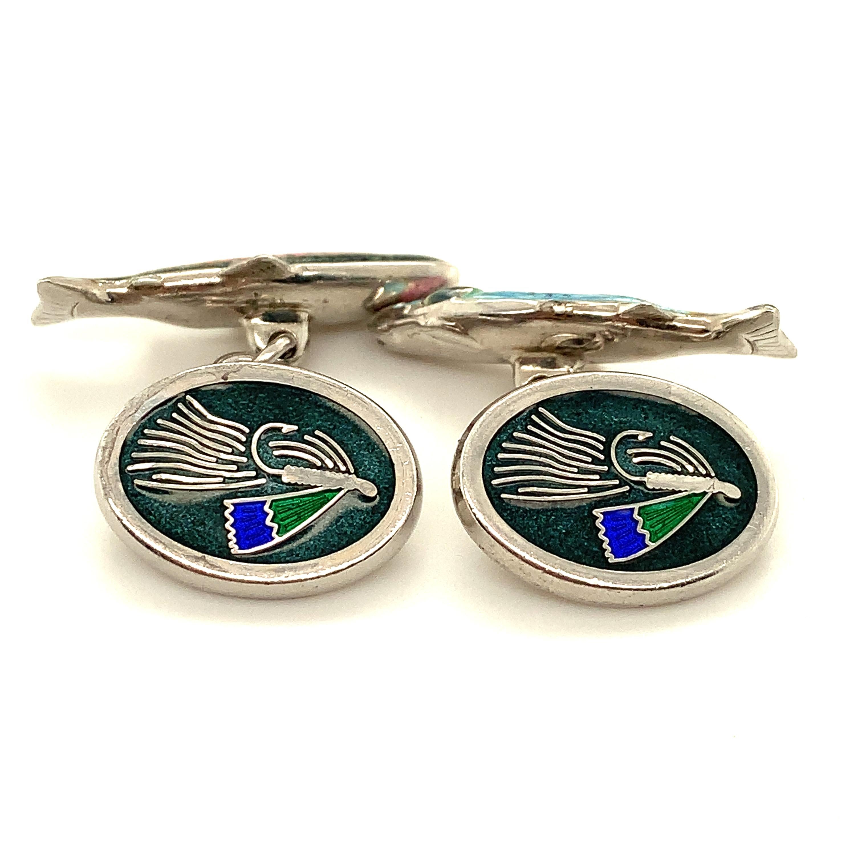 Enamel & Sterling Rainbow Trout Cufflinks In Good Condition For Sale In New York, NY