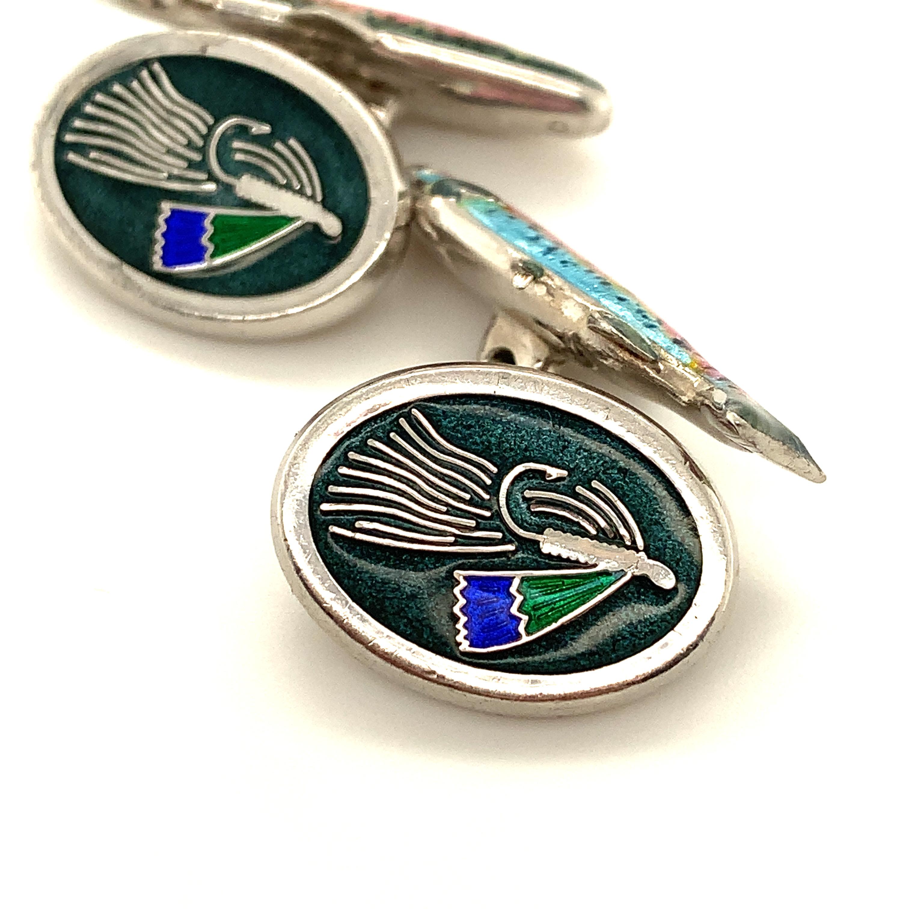 Enamel & Sterling Rainbow Trout Cufflinks In Good Condition For Sale In New York, NY