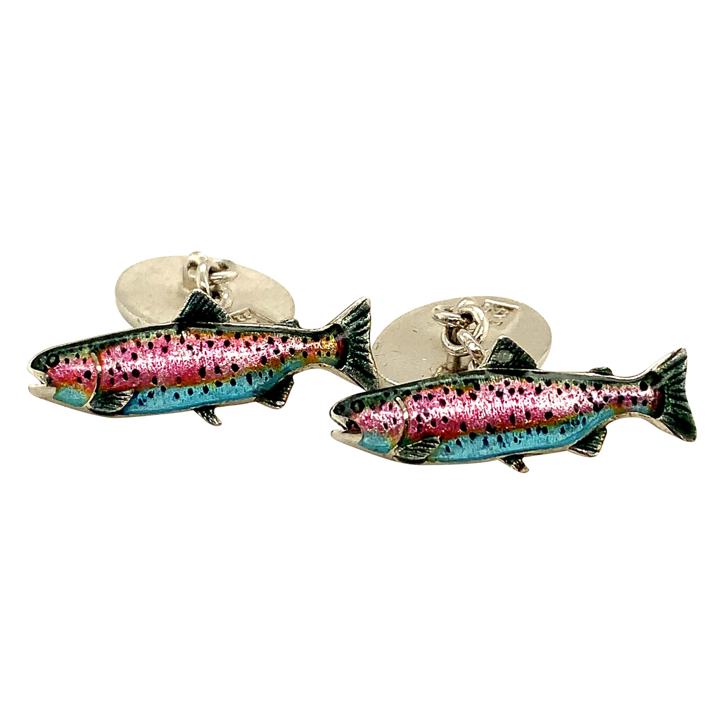 Enamel and Sterling Rainbow Trout Cufflinks For Sale at 1stDibs | rainbow  cufflinks
