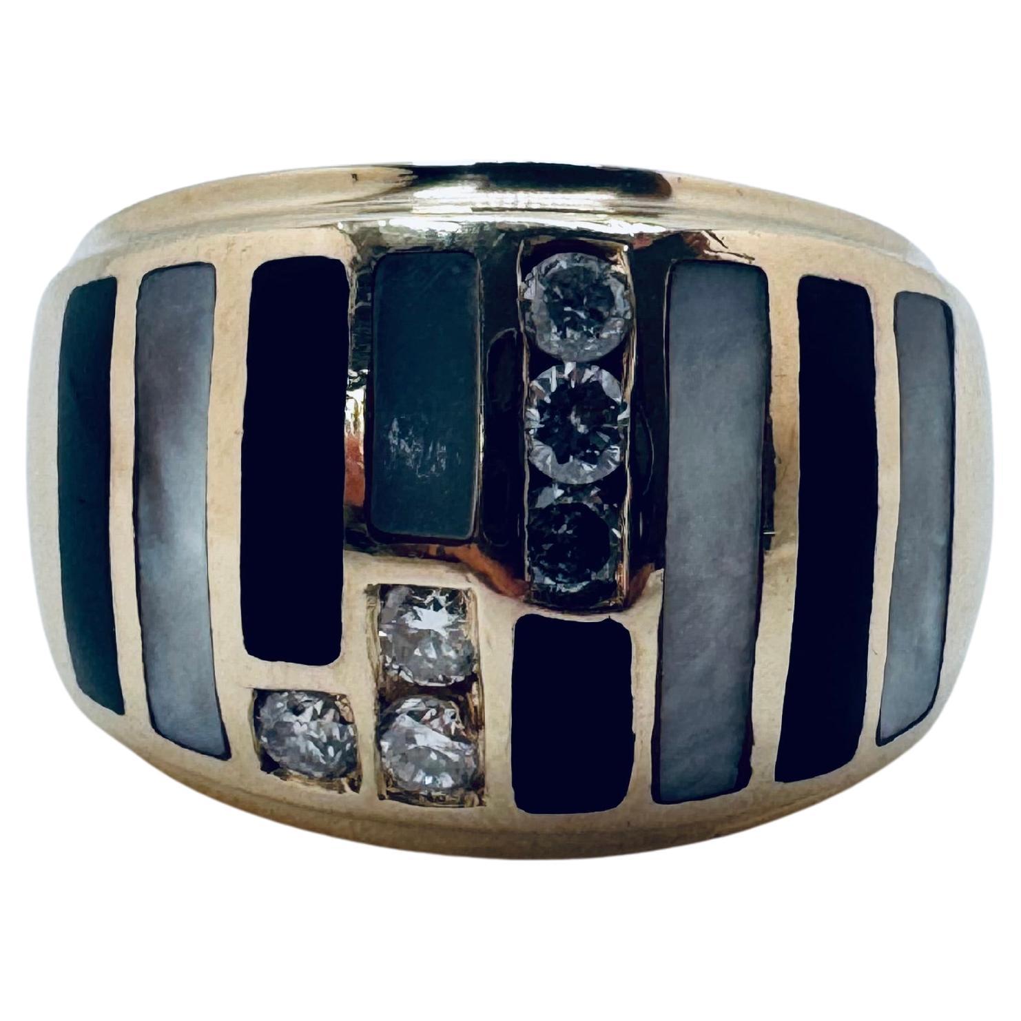 Bague en or jaune 14K avec émail et diamants rayés