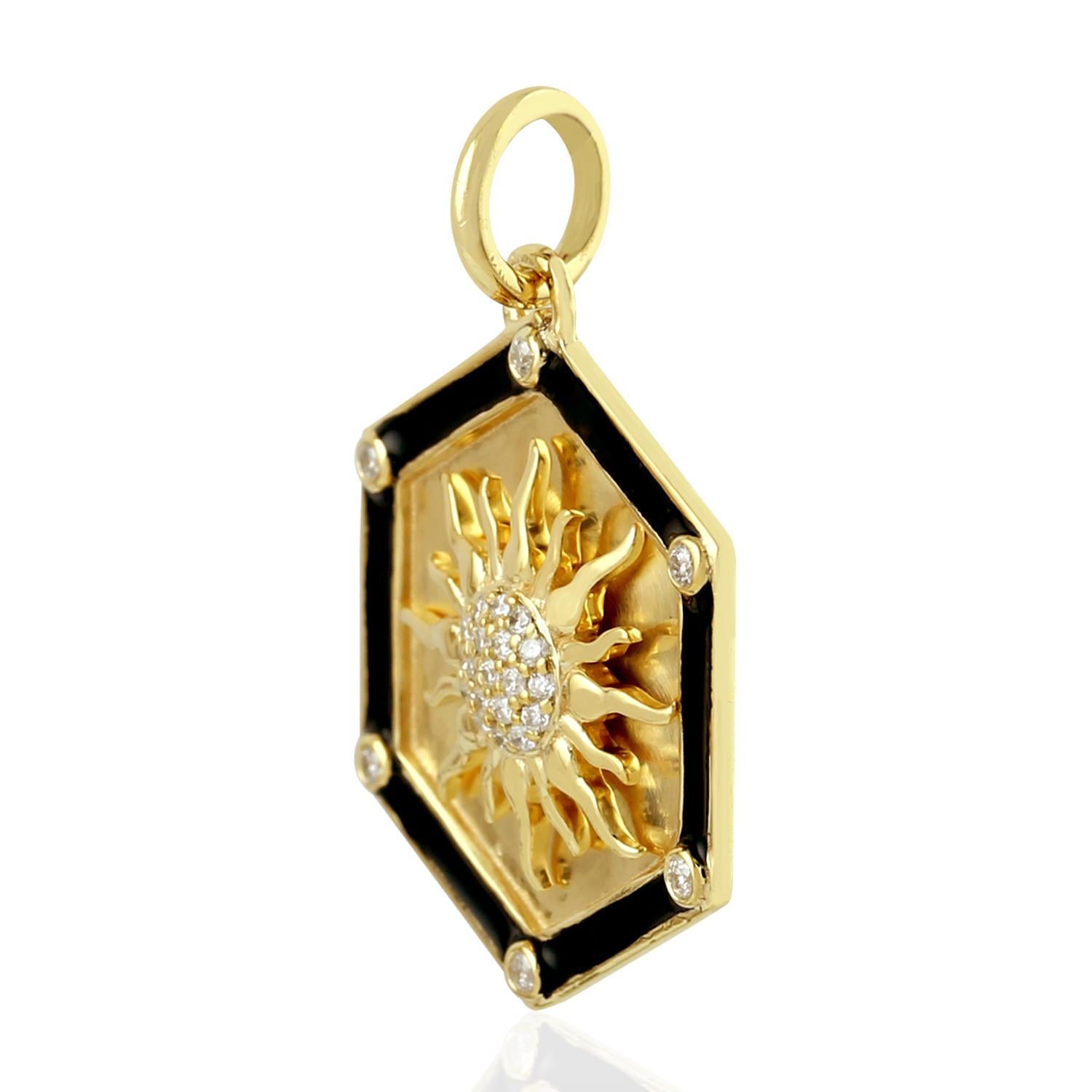 The 14 karat gold pendant medallion is set with .13 carats of shimmering diamonds. The sun represents life, influence, and strength. It symbolizes energy and well being of oneself.  It also represents the peak of spiritual and human