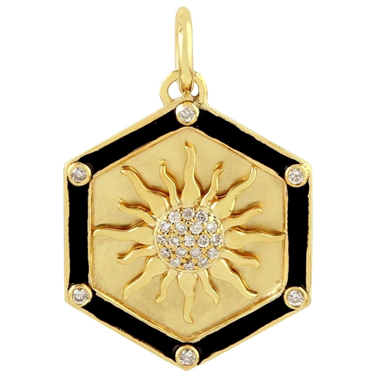 Enamel Sun Medallion 14 Karat Gold Diamond Pendant Necklace