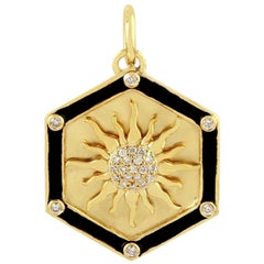 Halskette mit Emaille-Sonnenmedaillon und Diamant-Anhänger aus 14 Karat Gold